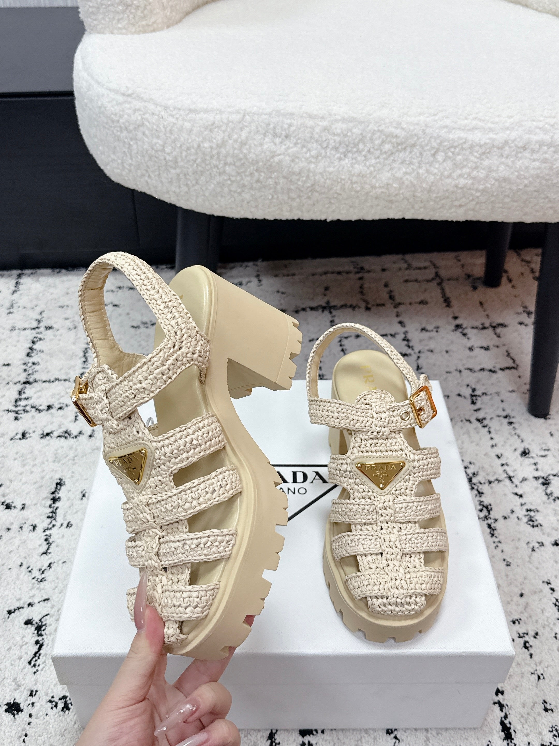 Prada 2026 Monolith Crochet Cage Sandals 90mm Sheepskin 769824