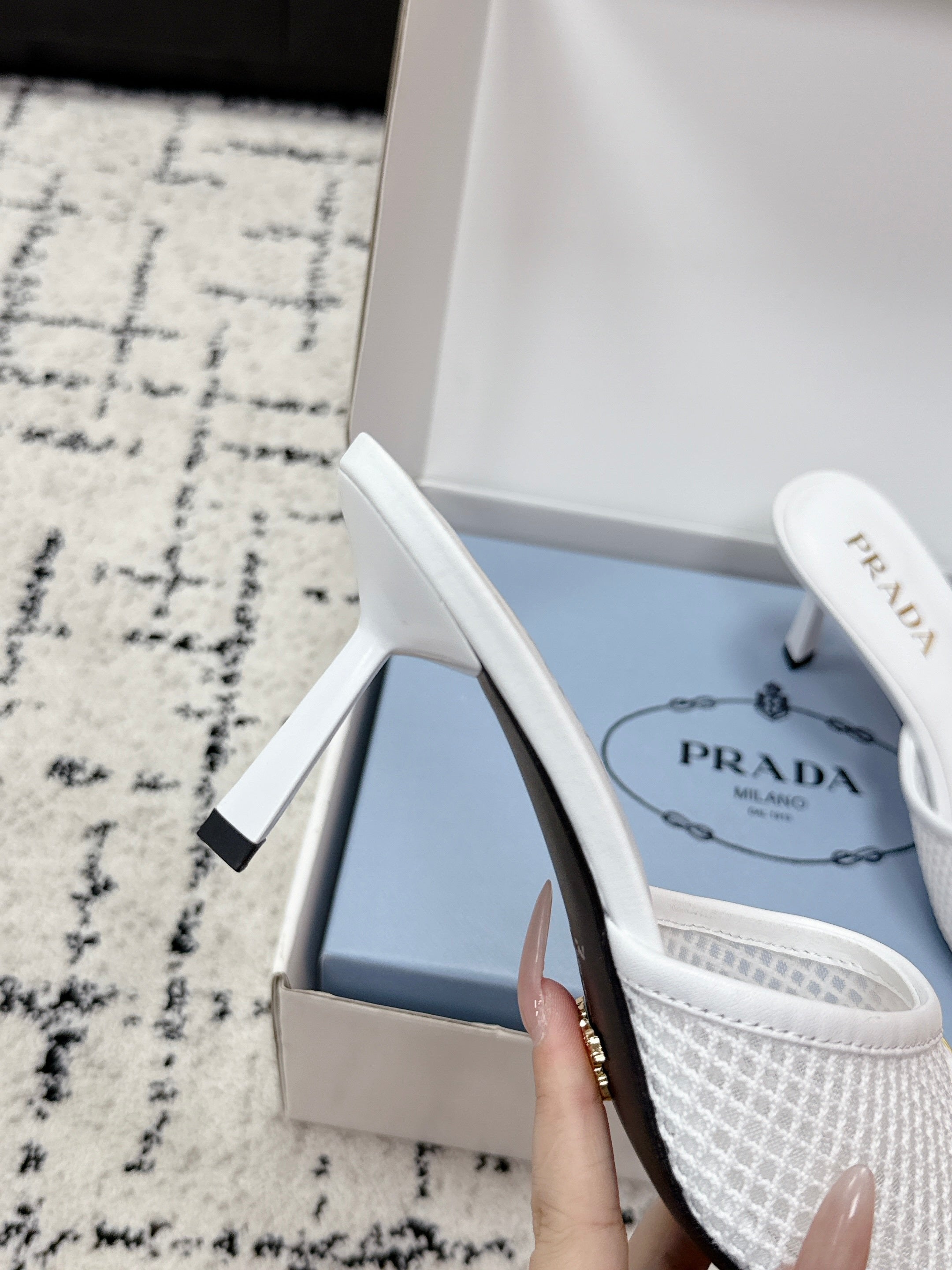 Prada 2026 Triangle Logo High-Heeled Slides 75mm Mesh Leather 769832