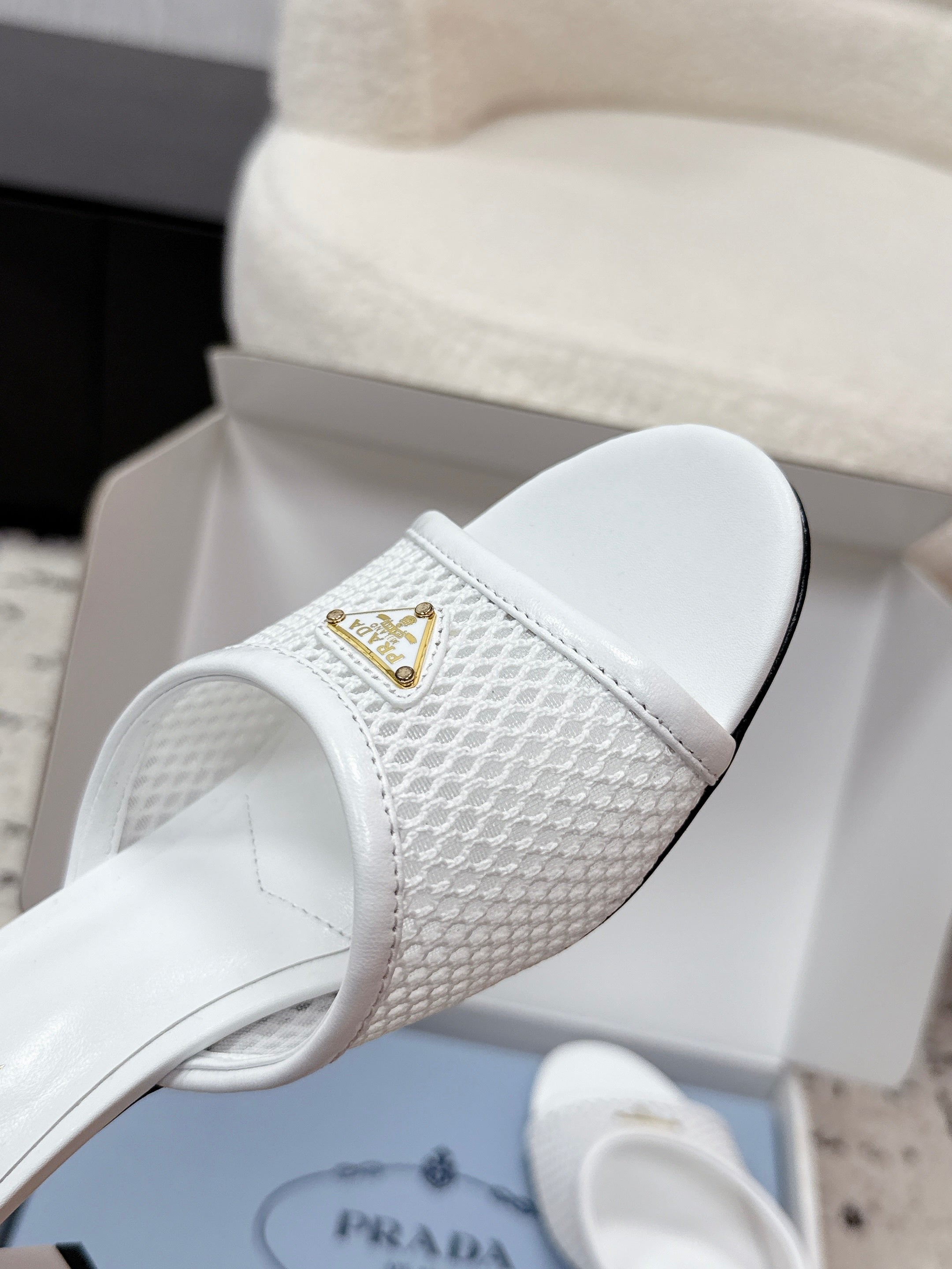 Prada 2026 Triangle Logo High-Heeled Slides 75mm Mesh Leather 769832