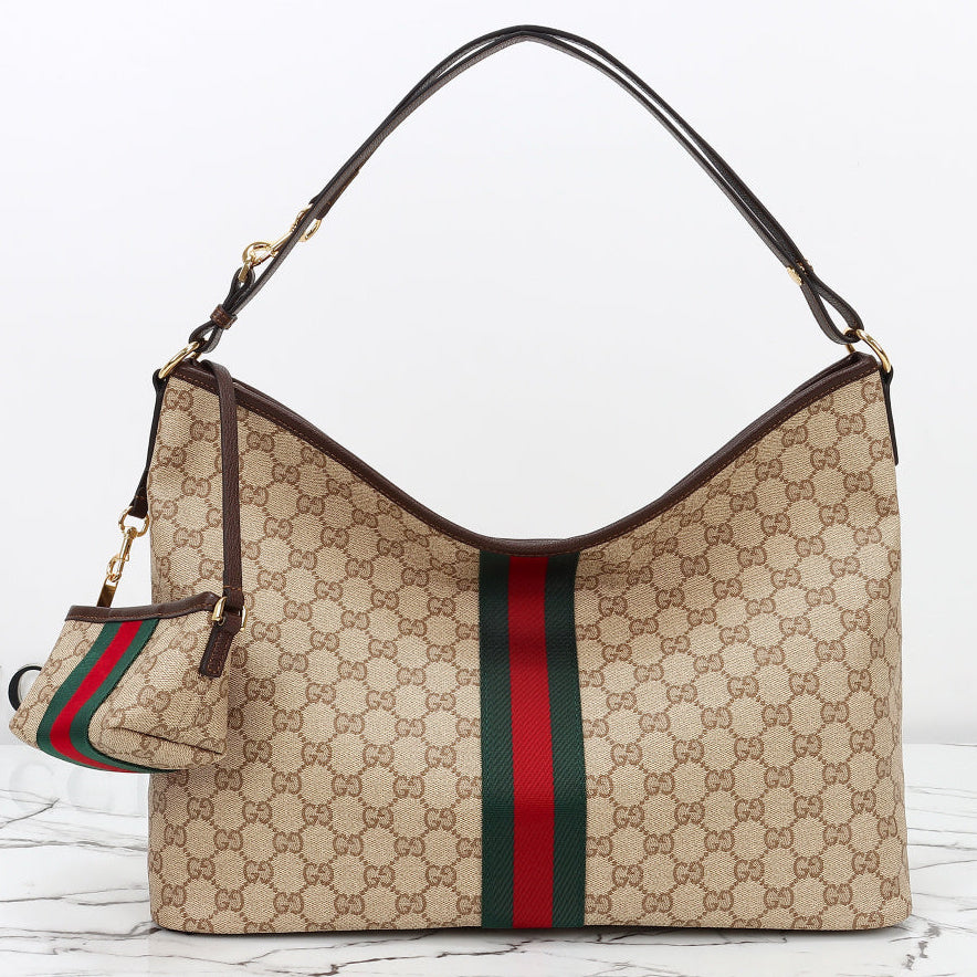Gucci 2026 Large Shoulder Bag With Web 40cm Sand mix Brown Canvas Leather