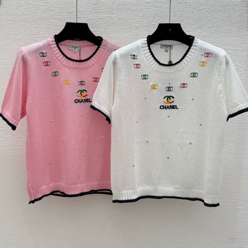 Chanel 2026 Rhinestone Knit Short-Sleeve T-Shirt Cotton 336634