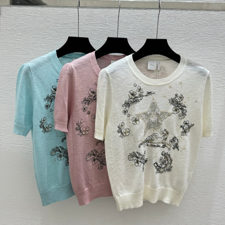 Dior 2026 Short-sleeved Top With Embroidered Five-pointed Star Tencel 497831