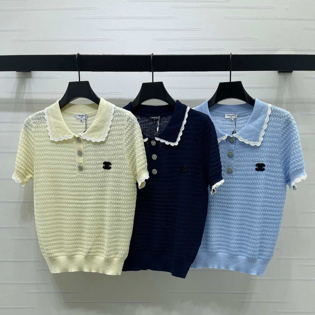 Chanel 2026  Lace-trimmed Polo Collar Knit Short-sleeved Top Cotton 390780