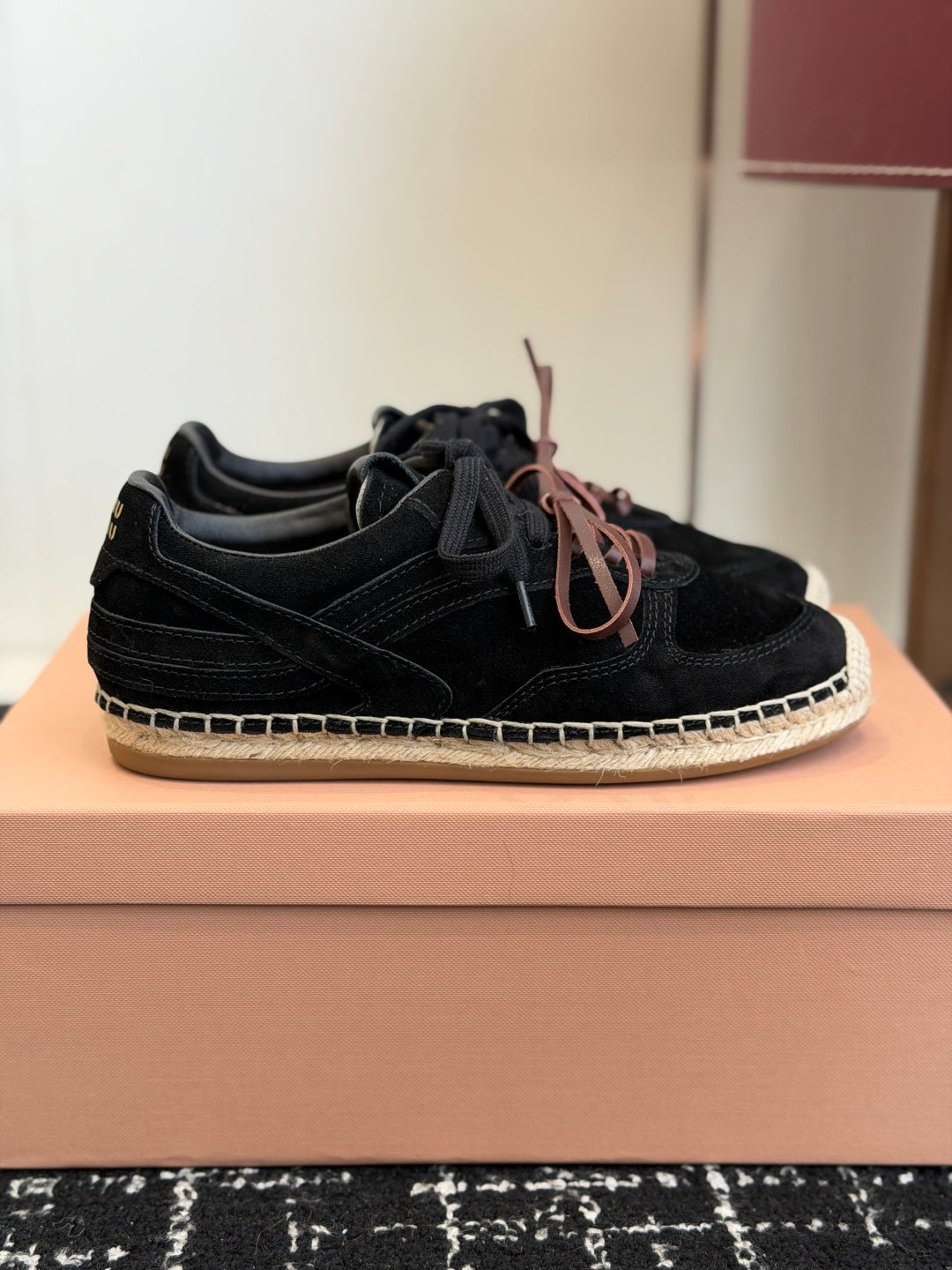 Miu Miu 2026 Espadrille Sneaker Black Suede Woven 621336