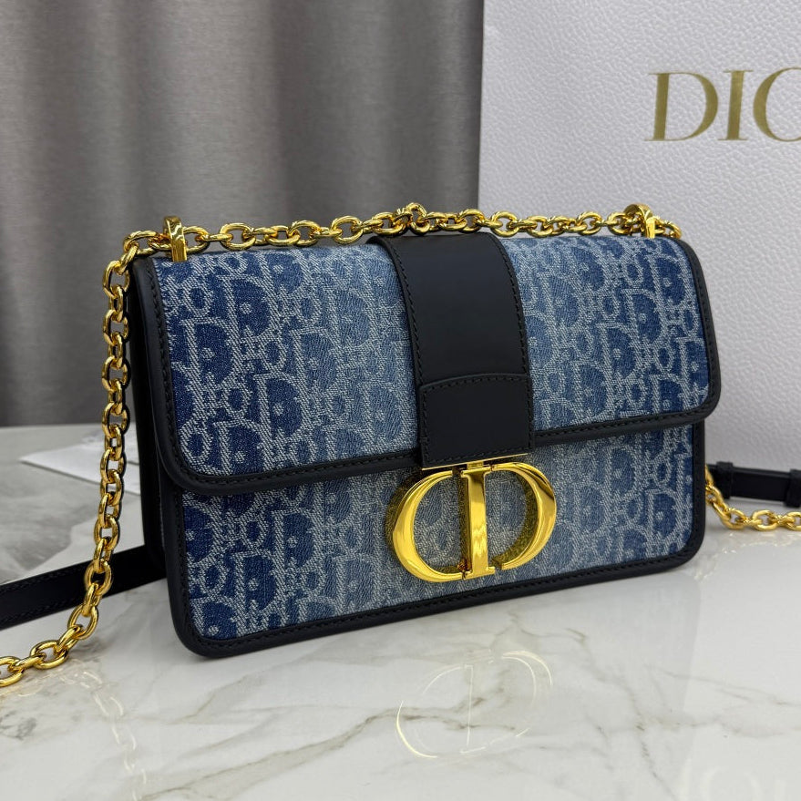 Dior 2026 East-West Chain Handbag 25cm Blue Black Demin Calfskin