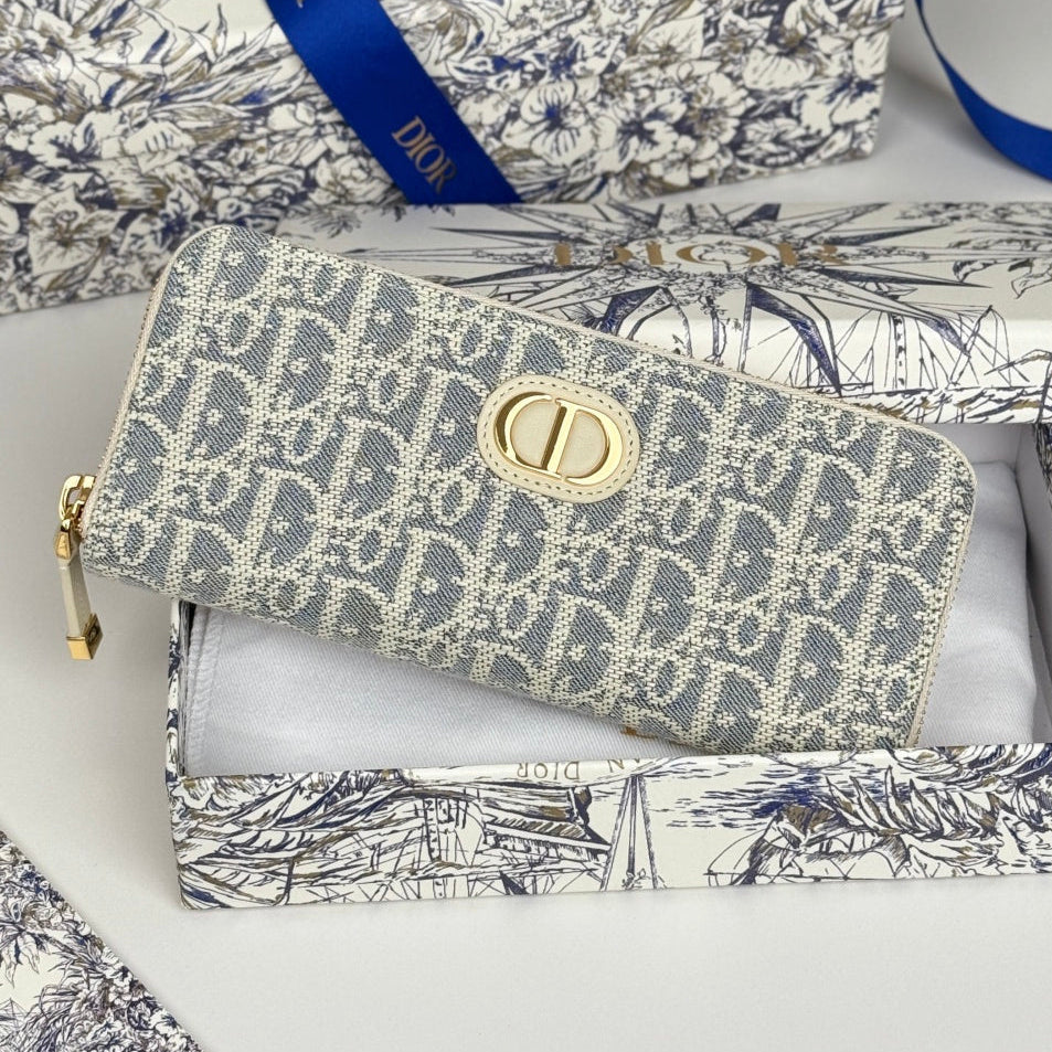 Dior 2026 Montaigne Voyageur Slim Wallet 20cm Blue Demin Fabric