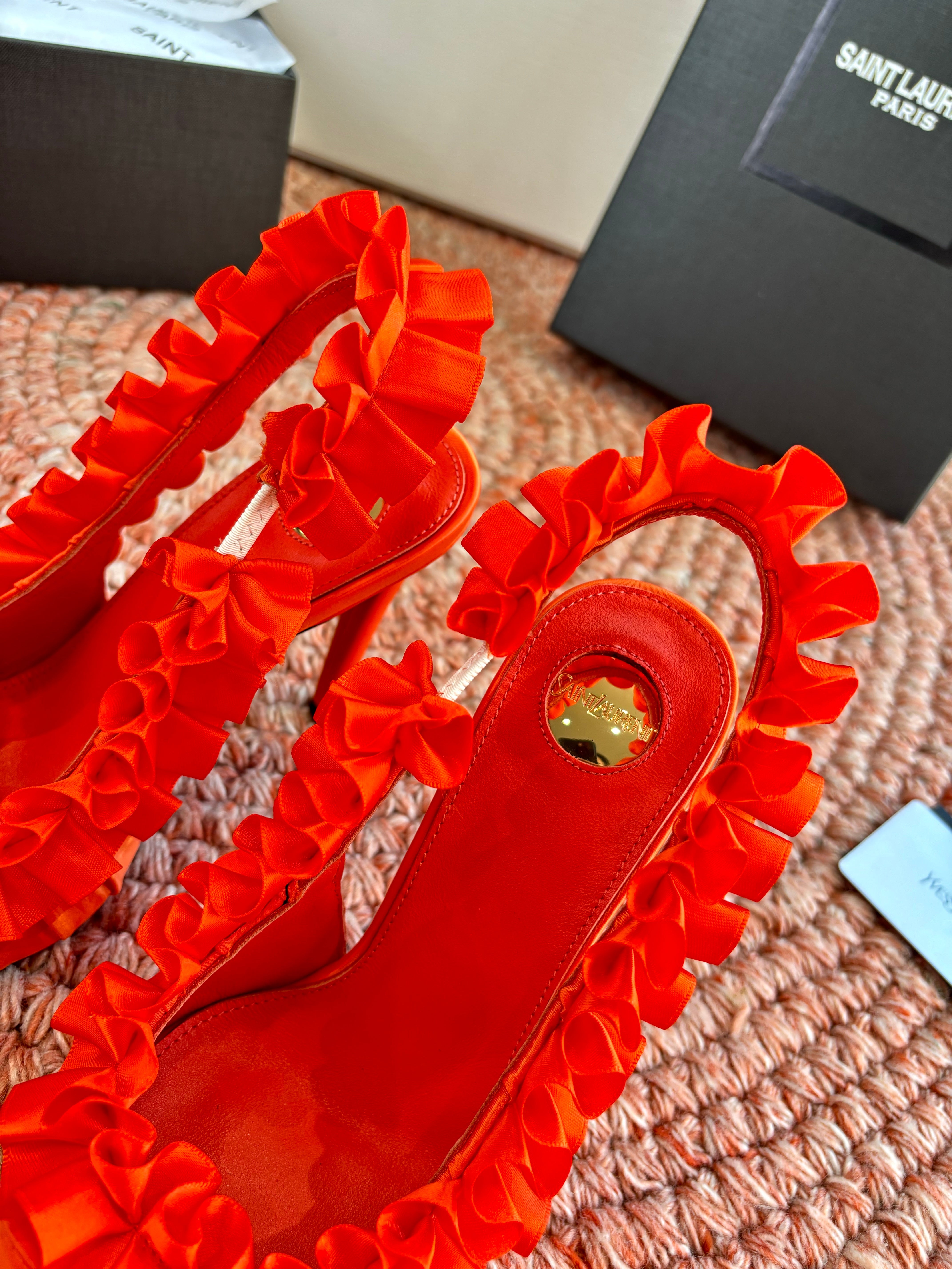 YSL 26ss Slingback Orange Silk Leather 648837