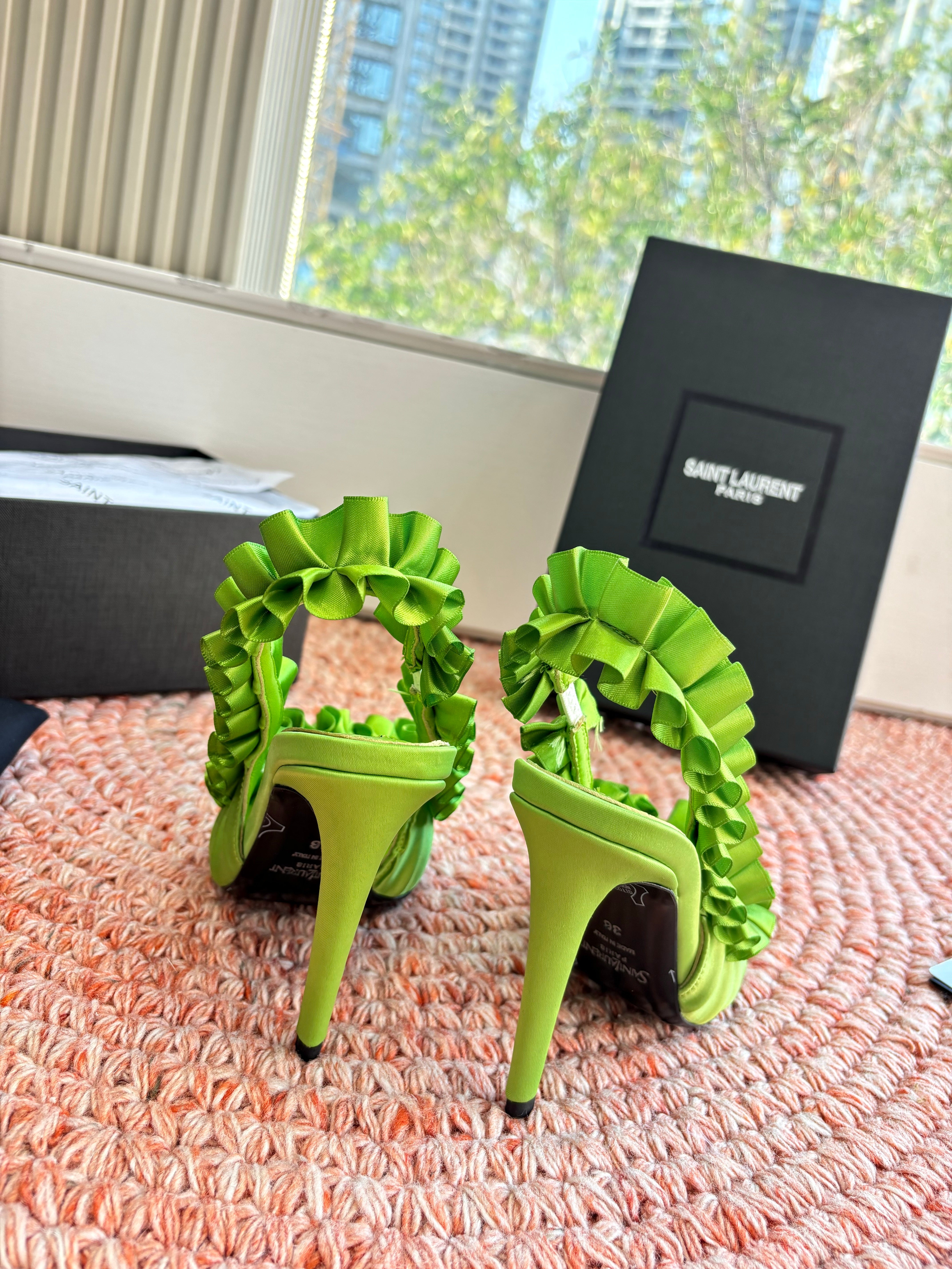 YSL 26ss Slingback Green Silk Leather 648838