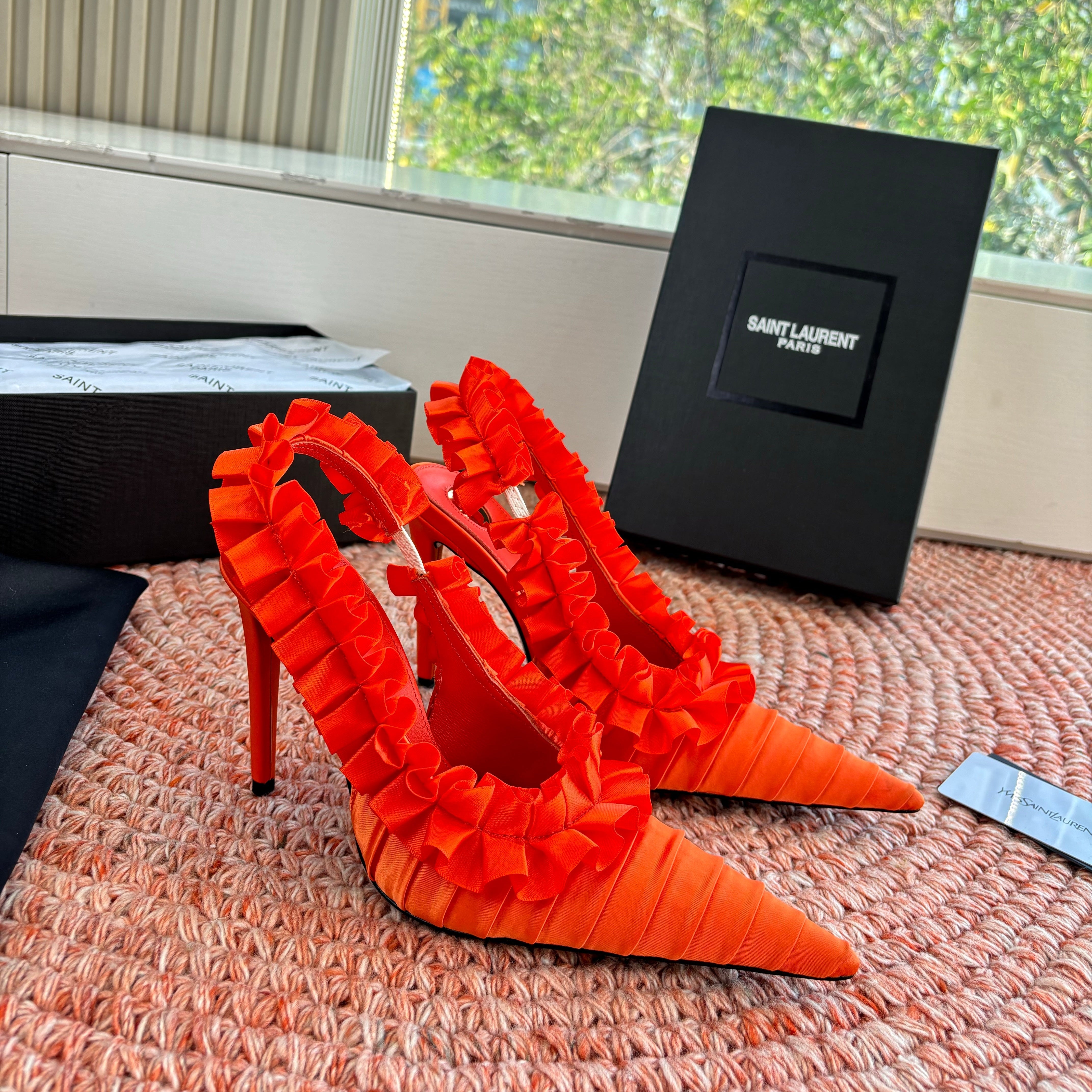 YSL 26ss Slingback Orange Silk Leather 648837