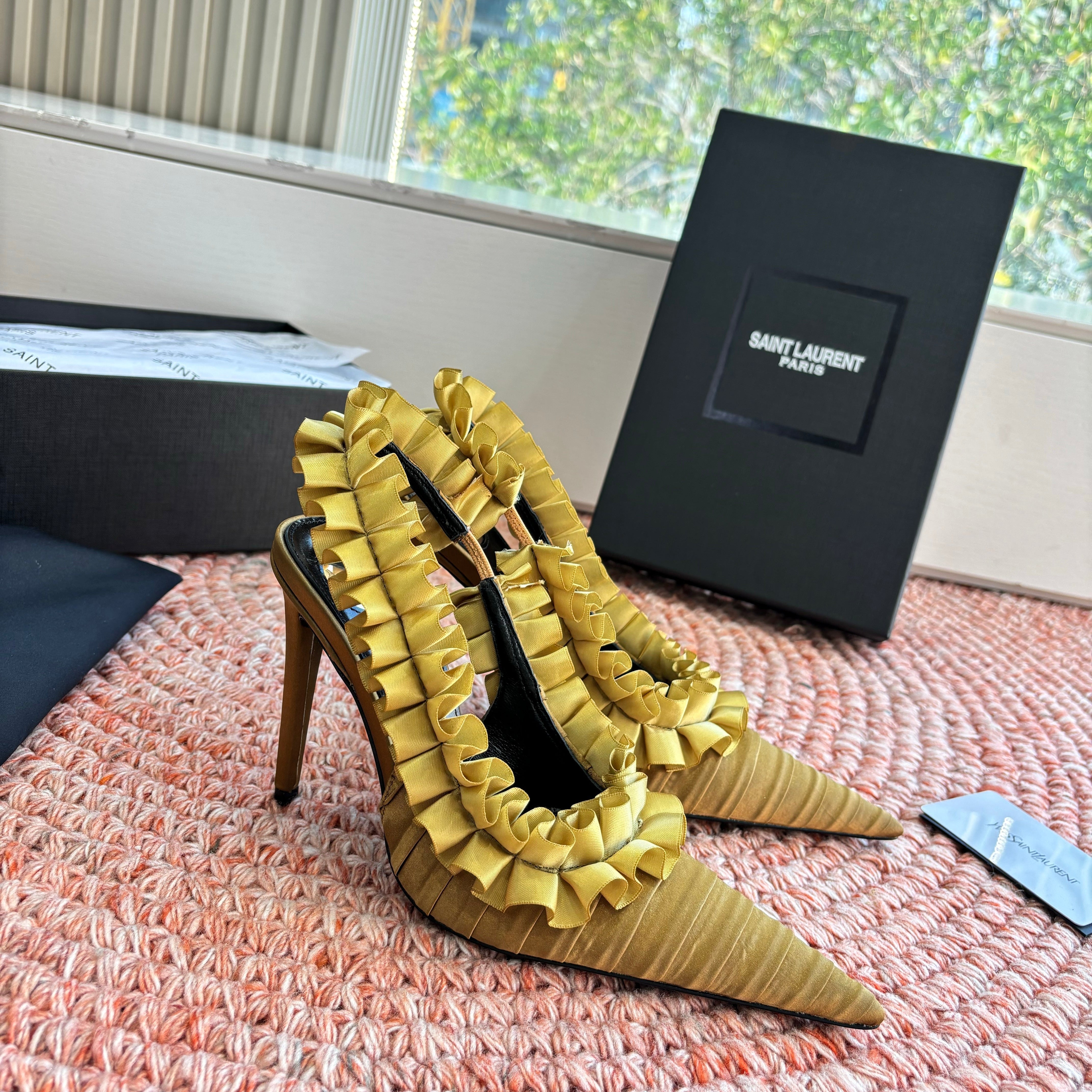 YSL 26ss Slingback Shiny Gold  Silk Leather 648839