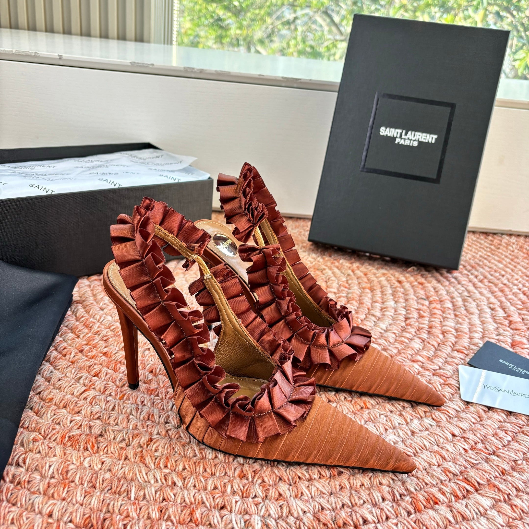 YSL 26ss Slingback Camel Brown Silk Leather  648841