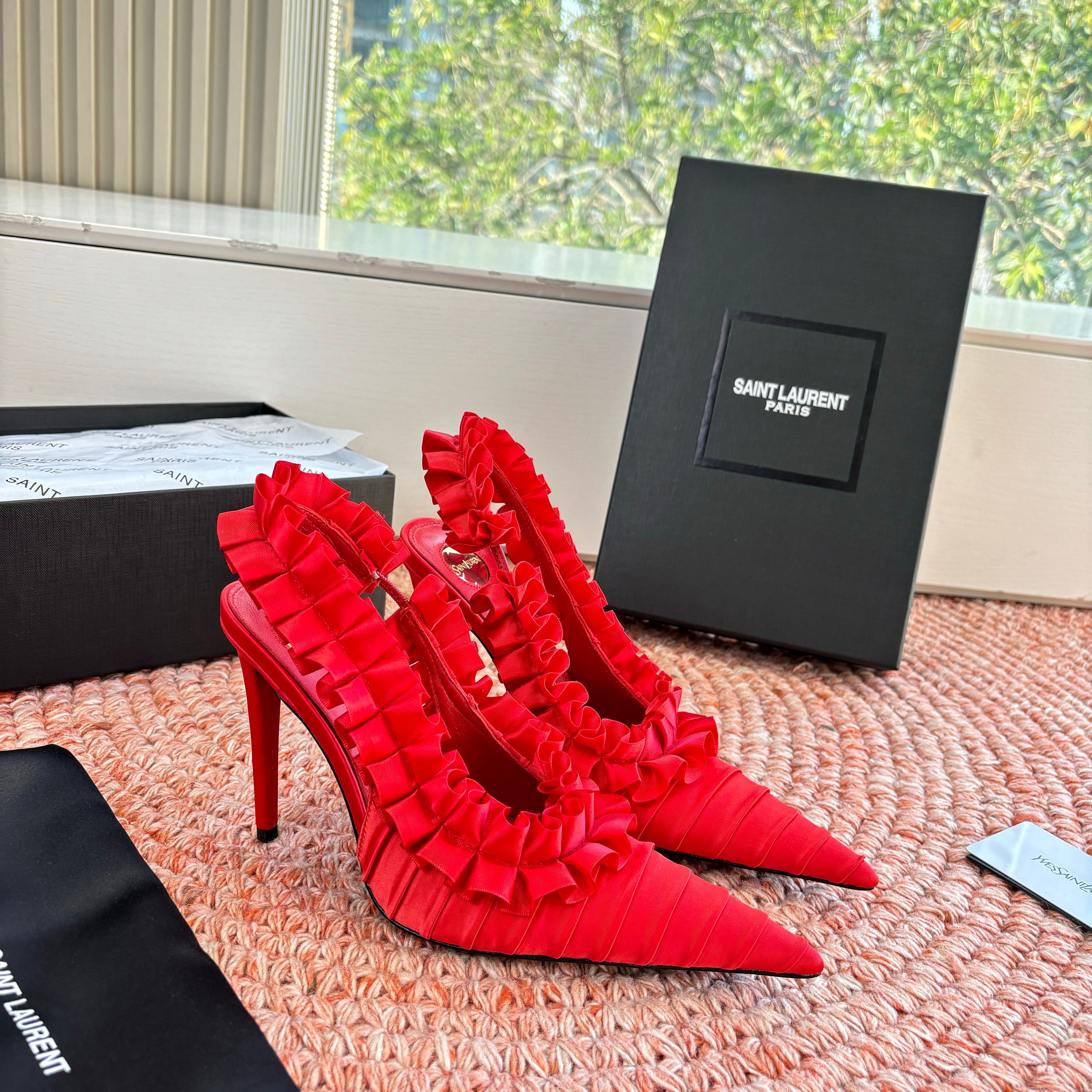 YSL 26ss Slingback Red Silk Leather 648840