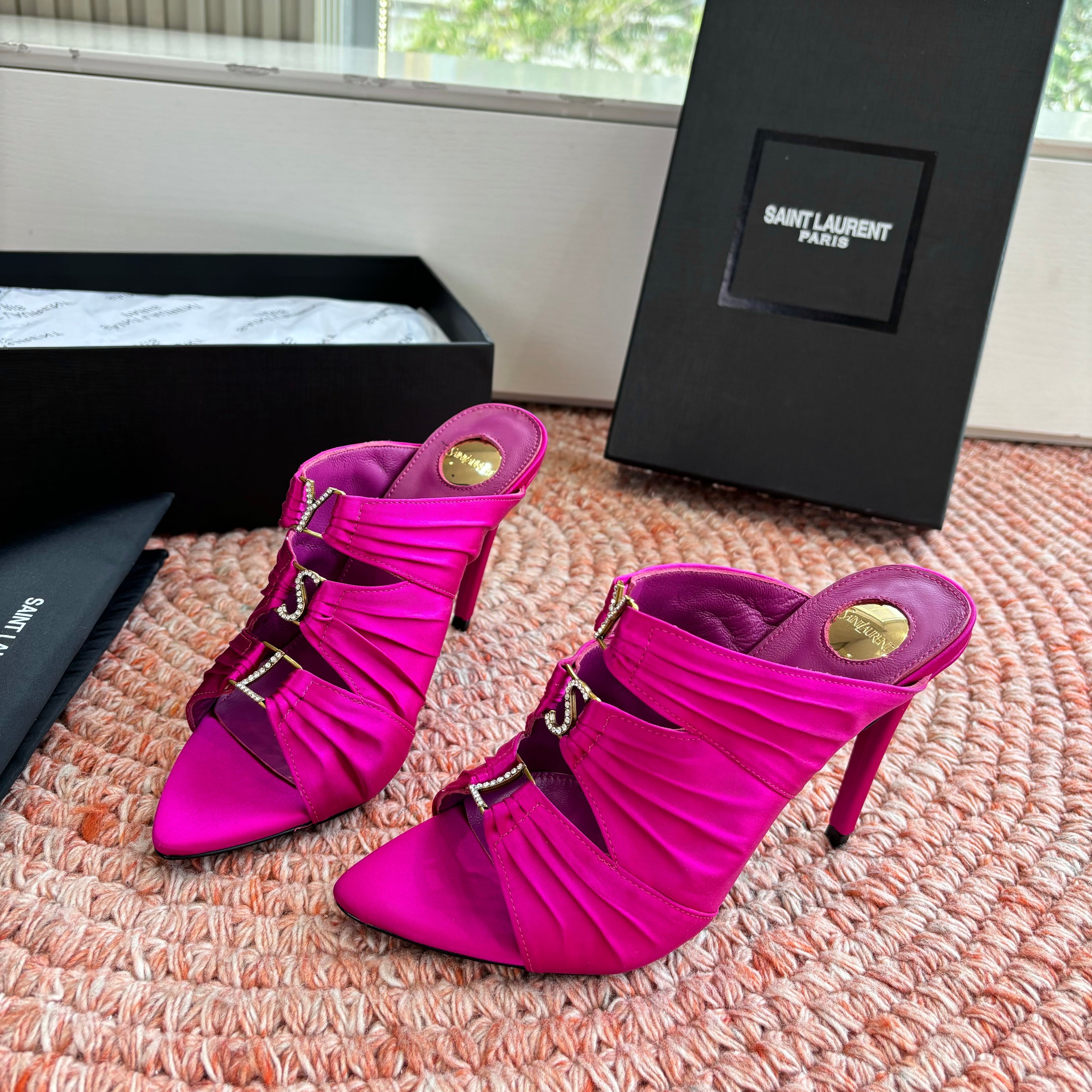 YSL 26ss Pointed High Heels Sandals 110 Fuchsia Pink Silk Leather 648786