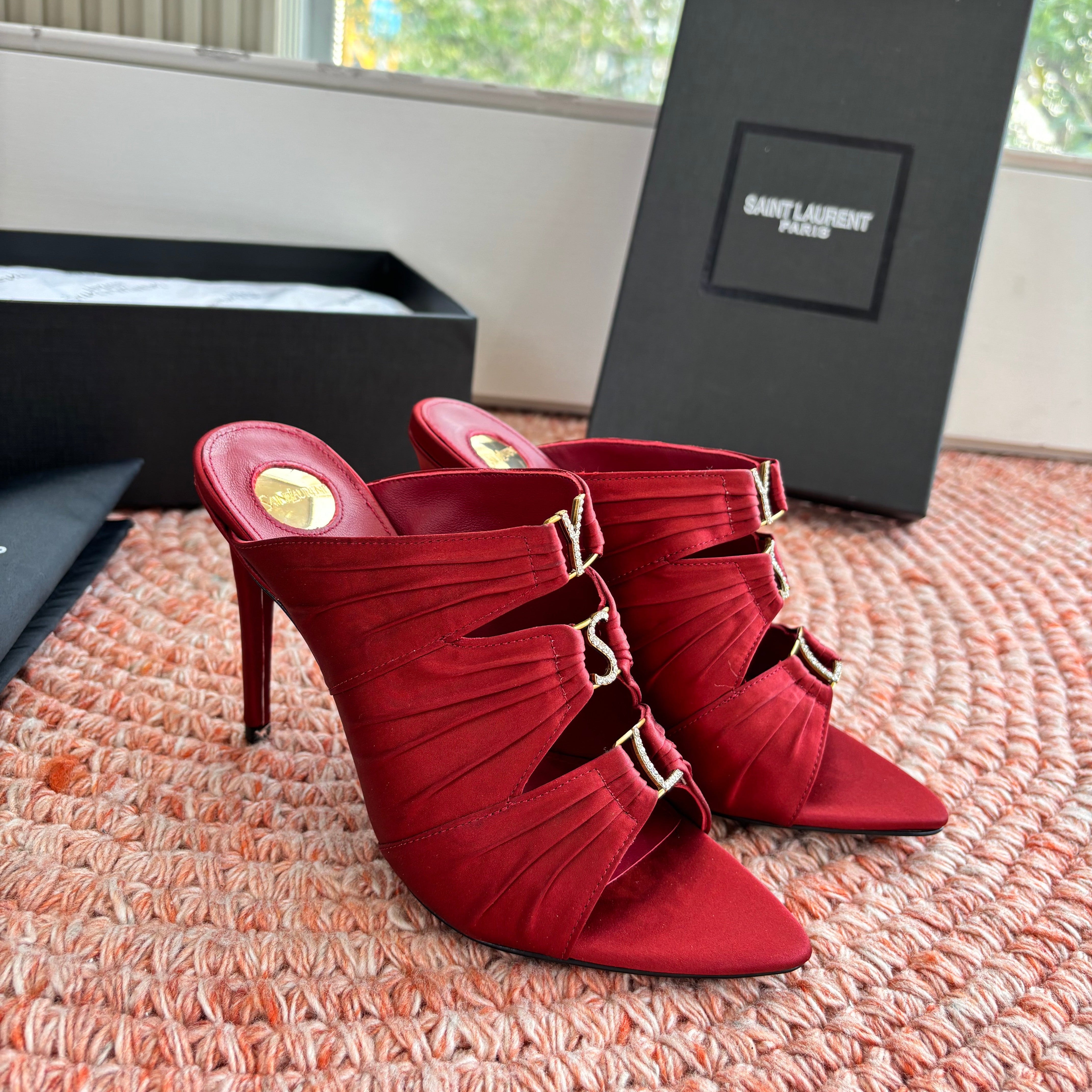 YSL 26ss Pointed High Heels Sandals 110 Dark Red Silk Leather 648787