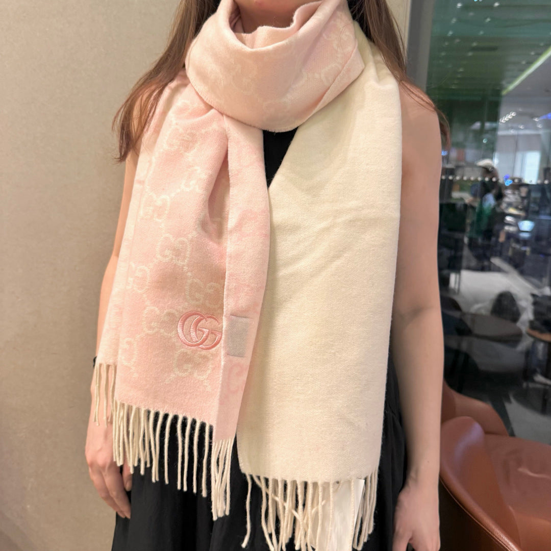 GG Double G Jacquard Scarf 180CM  Light Pink Wool 283075
