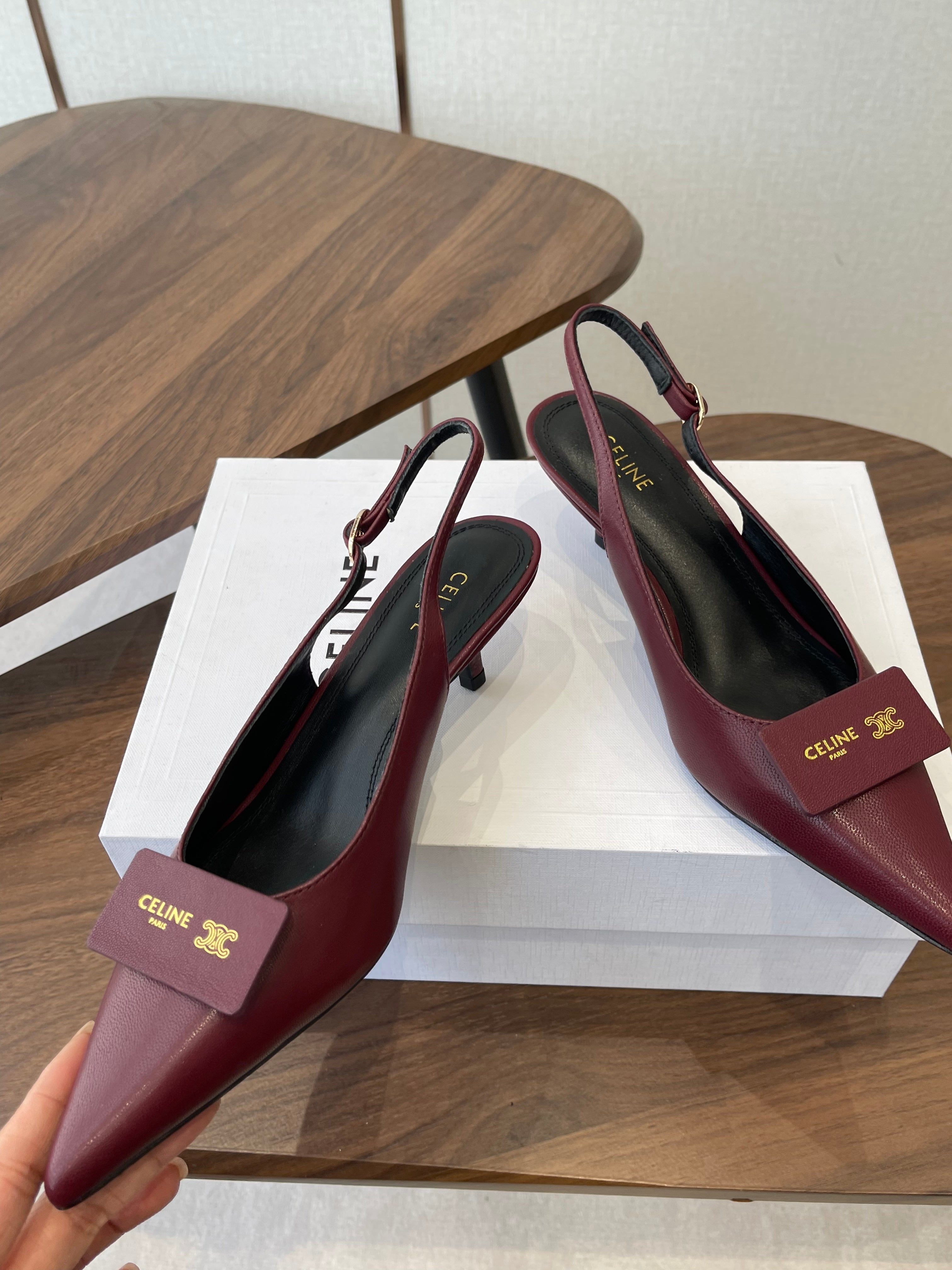 Celine 26  Pointed-Toe Slingback Burgundy Sheepskin 624683