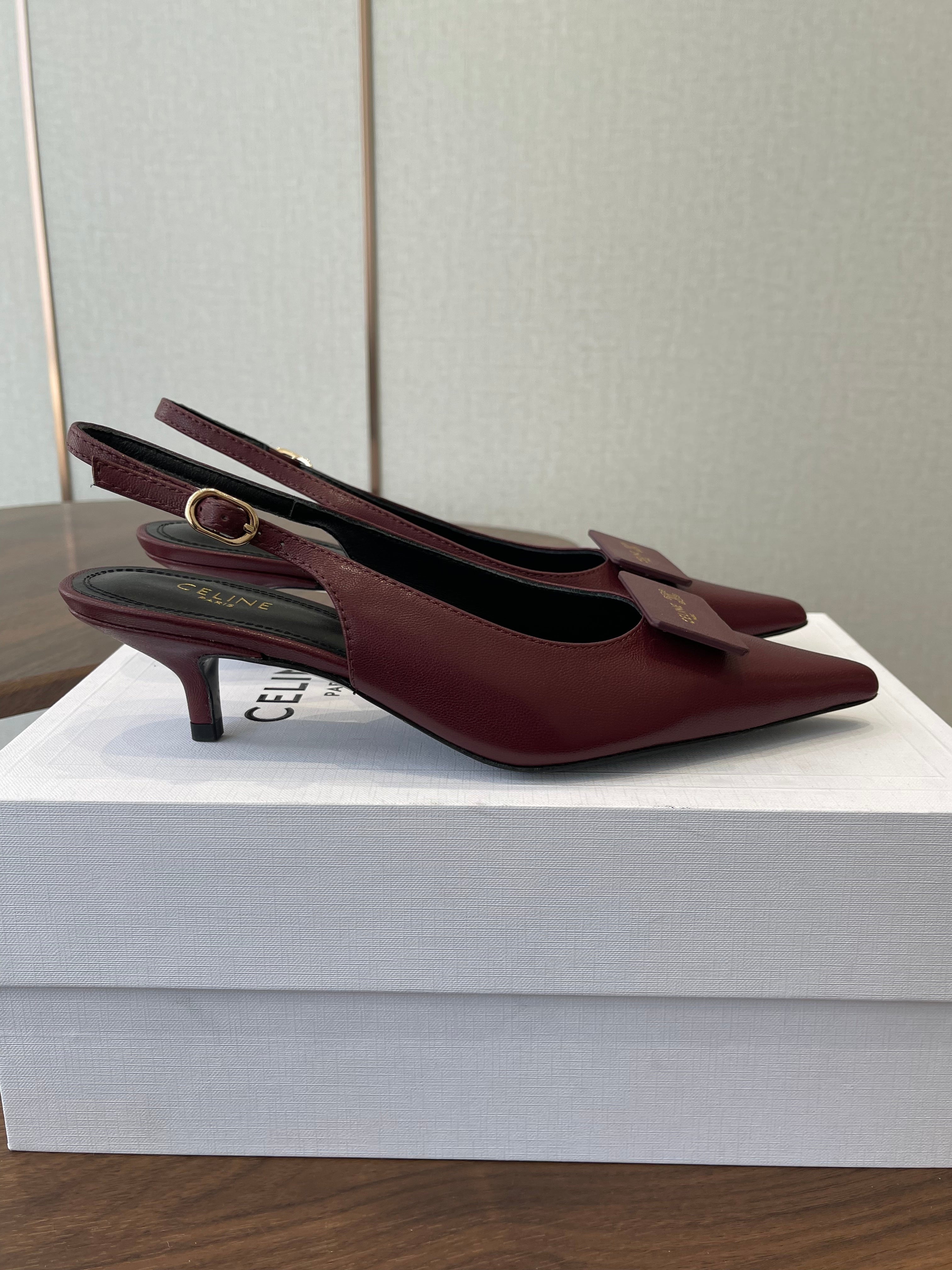 Celine 26  Pointed-Toe Slingback Burgundy Sheepskin 624683