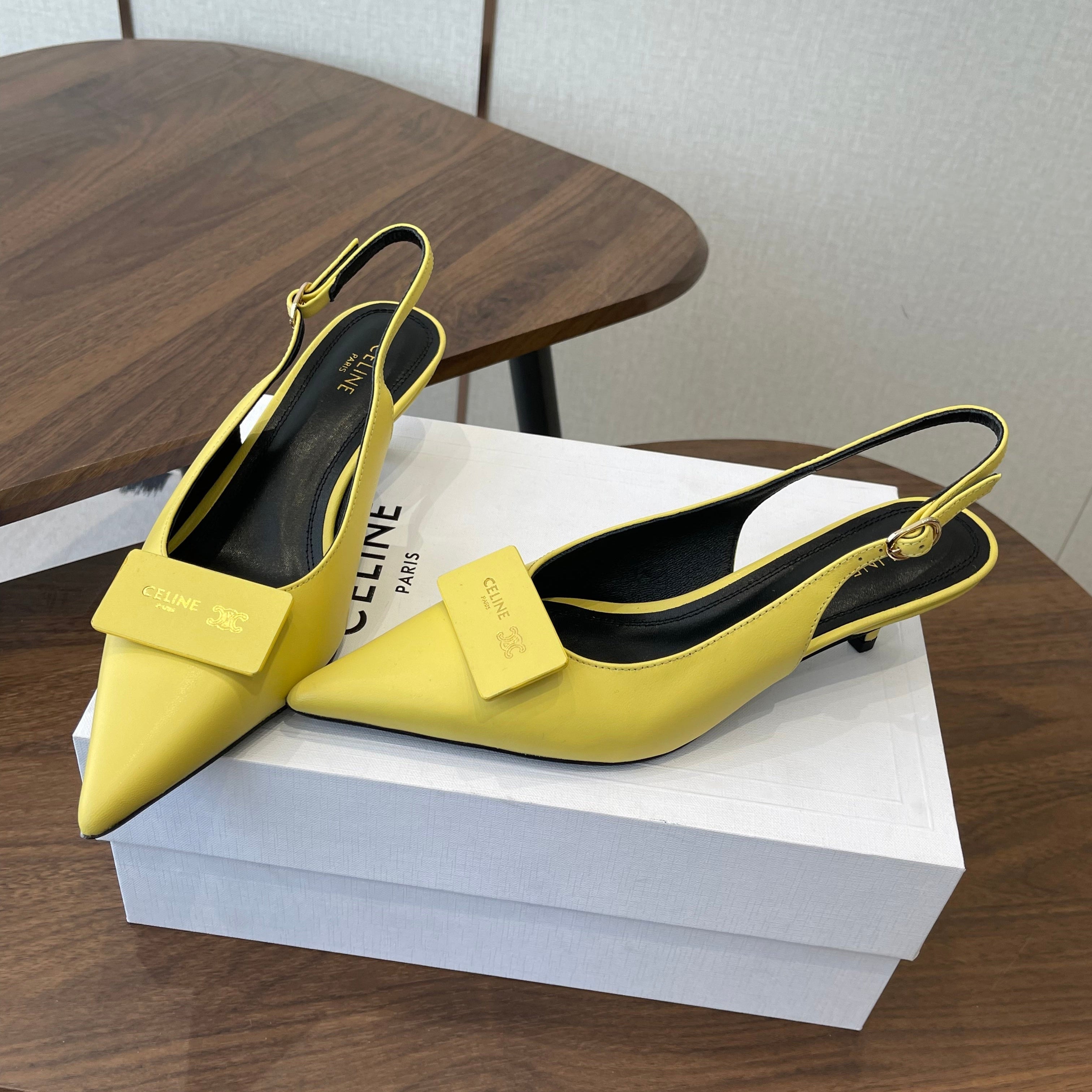 Celine 26  Pointed-Toe Slingback Yellow Sheepskin 624684