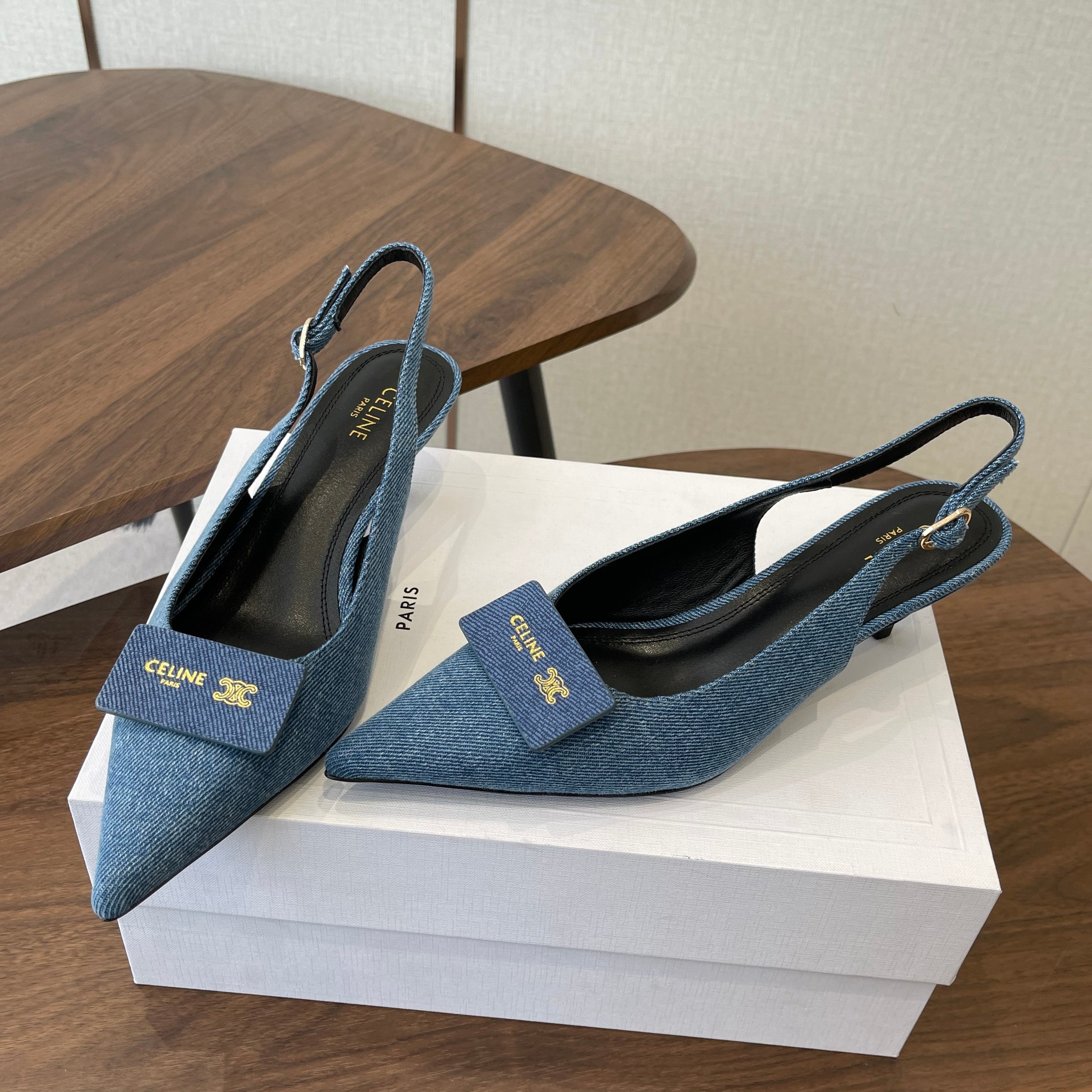 Celine 26  Pointed-Toe Slingback Blue Denim 624685