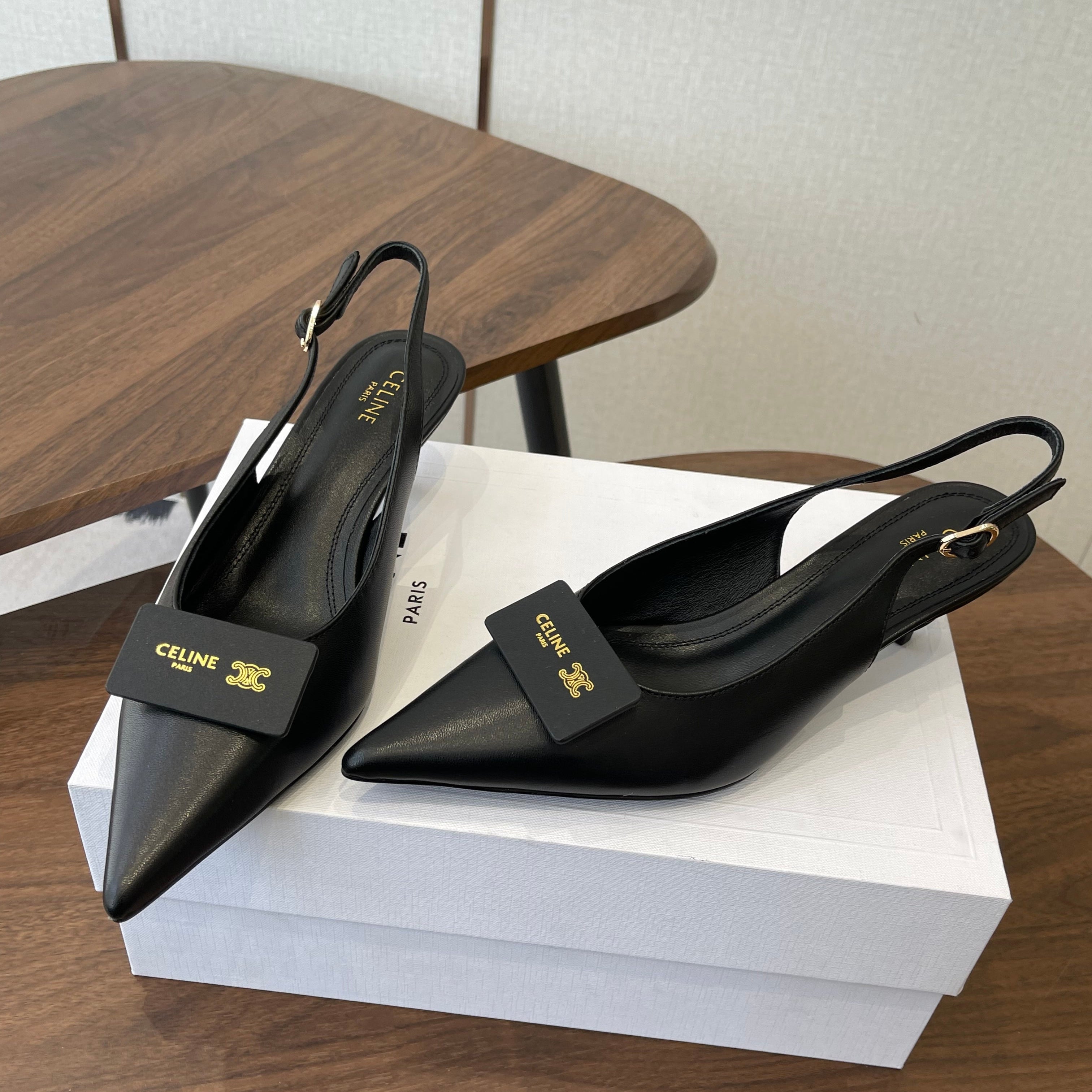 Celine 26  Pointed-Toe Slingback Black Sheepskin 624686