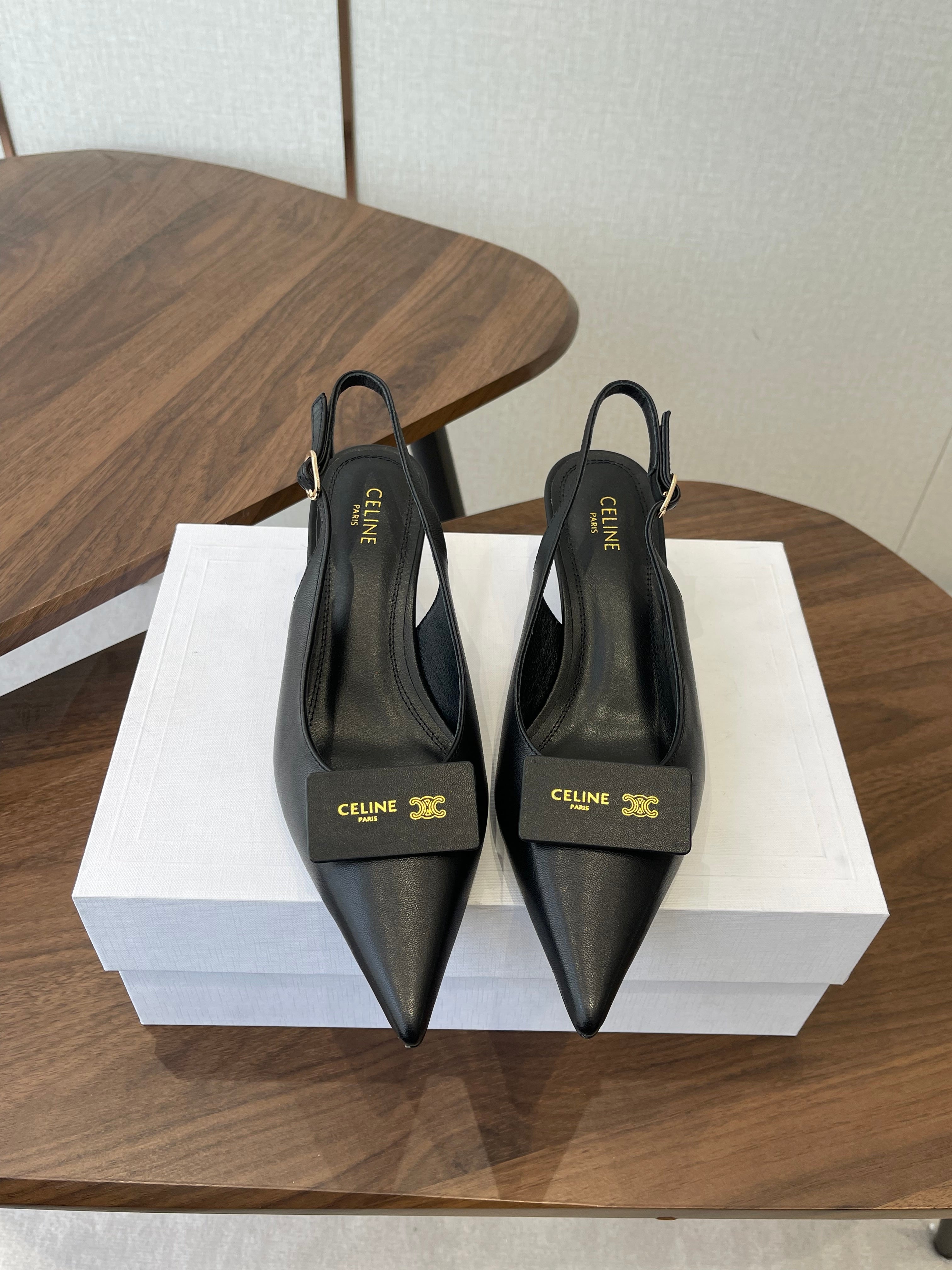 Celine 26  Pointed-Toe Slingback Black Sheepskin 624686