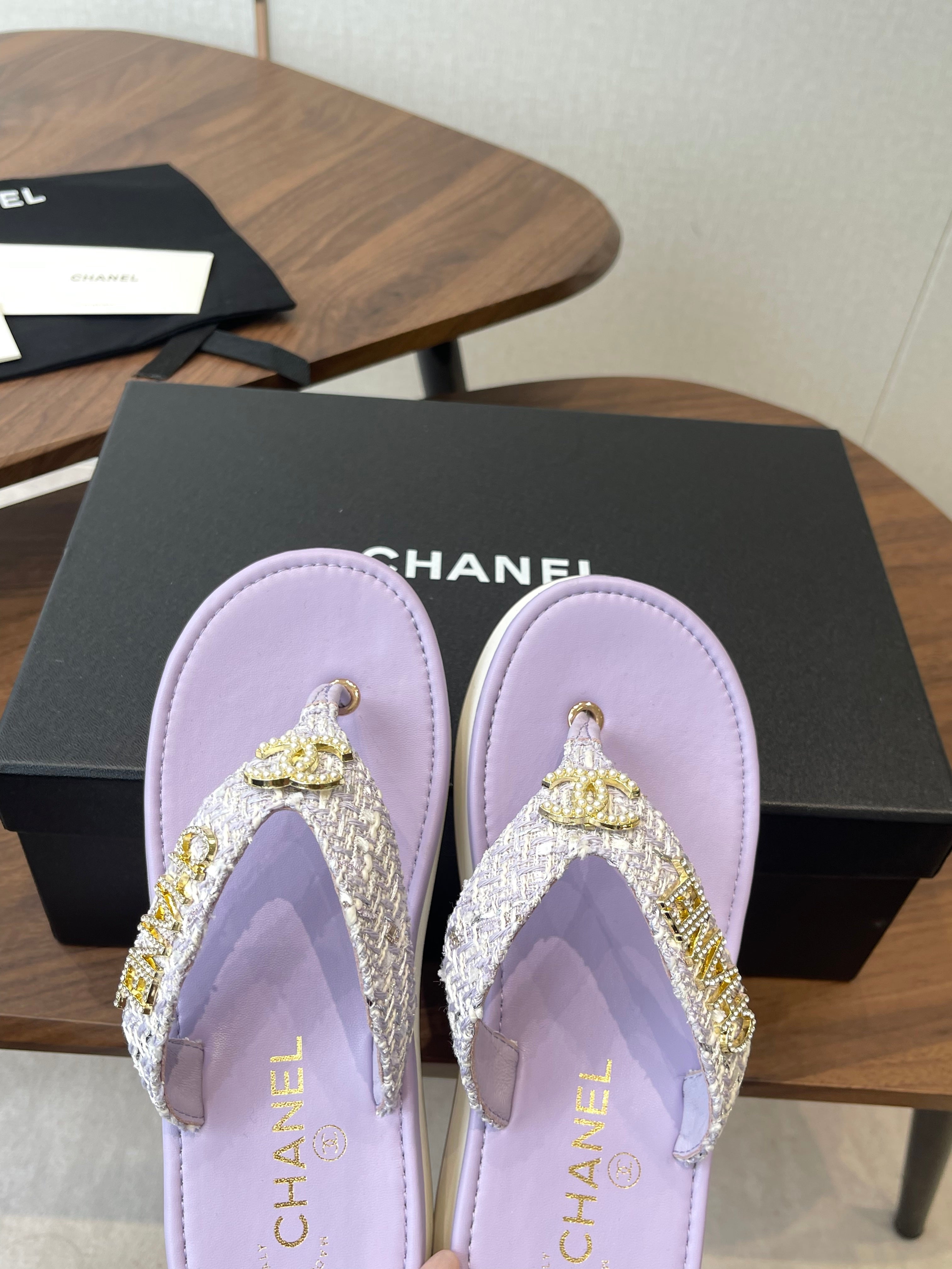 Chanel 2026 Thong Sandal Platform Tweed Gold Logo Details 790372
