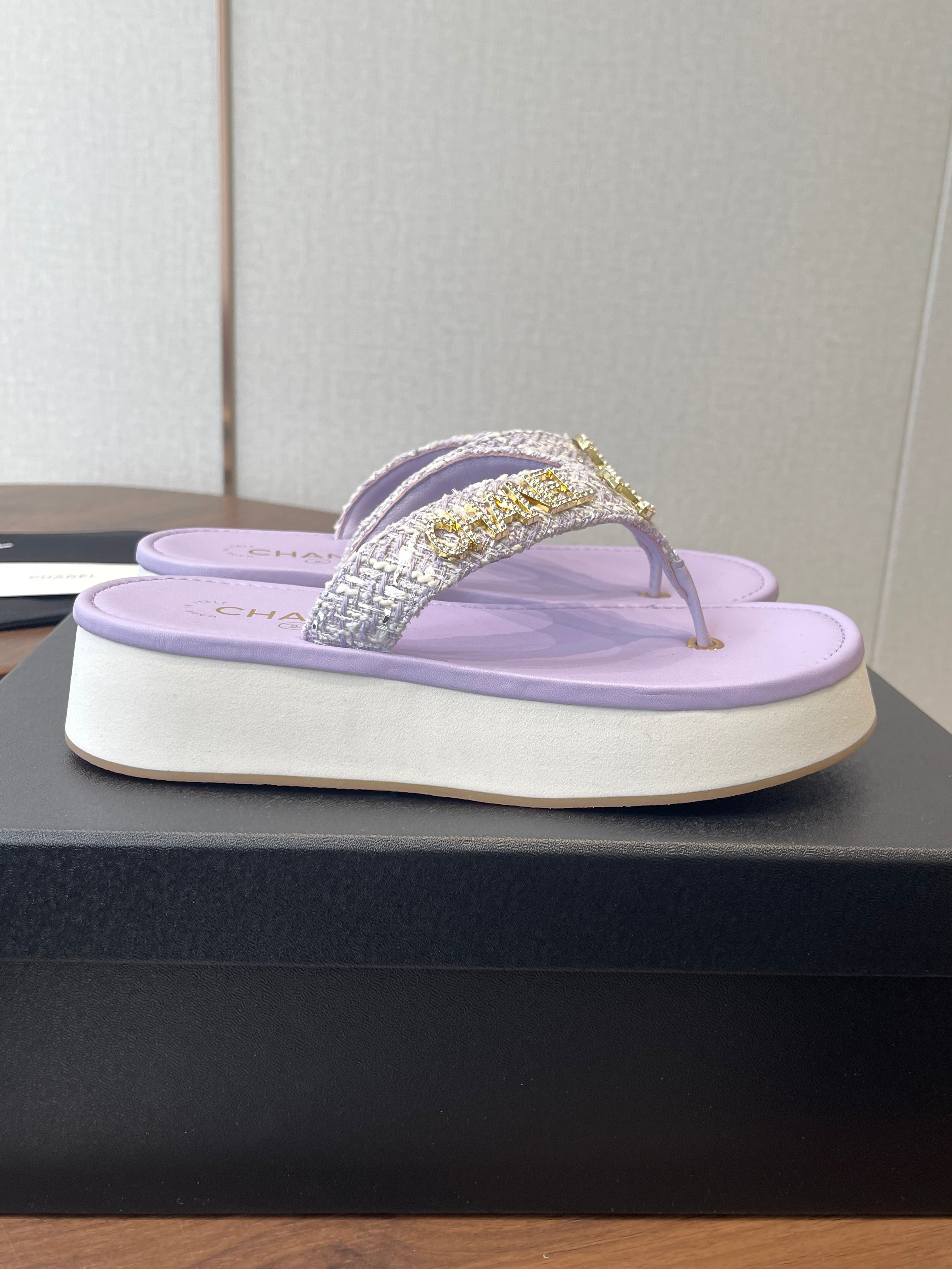 Chanel 2026 Thong Sandal Platform Tweed Gold Logo Details 790372