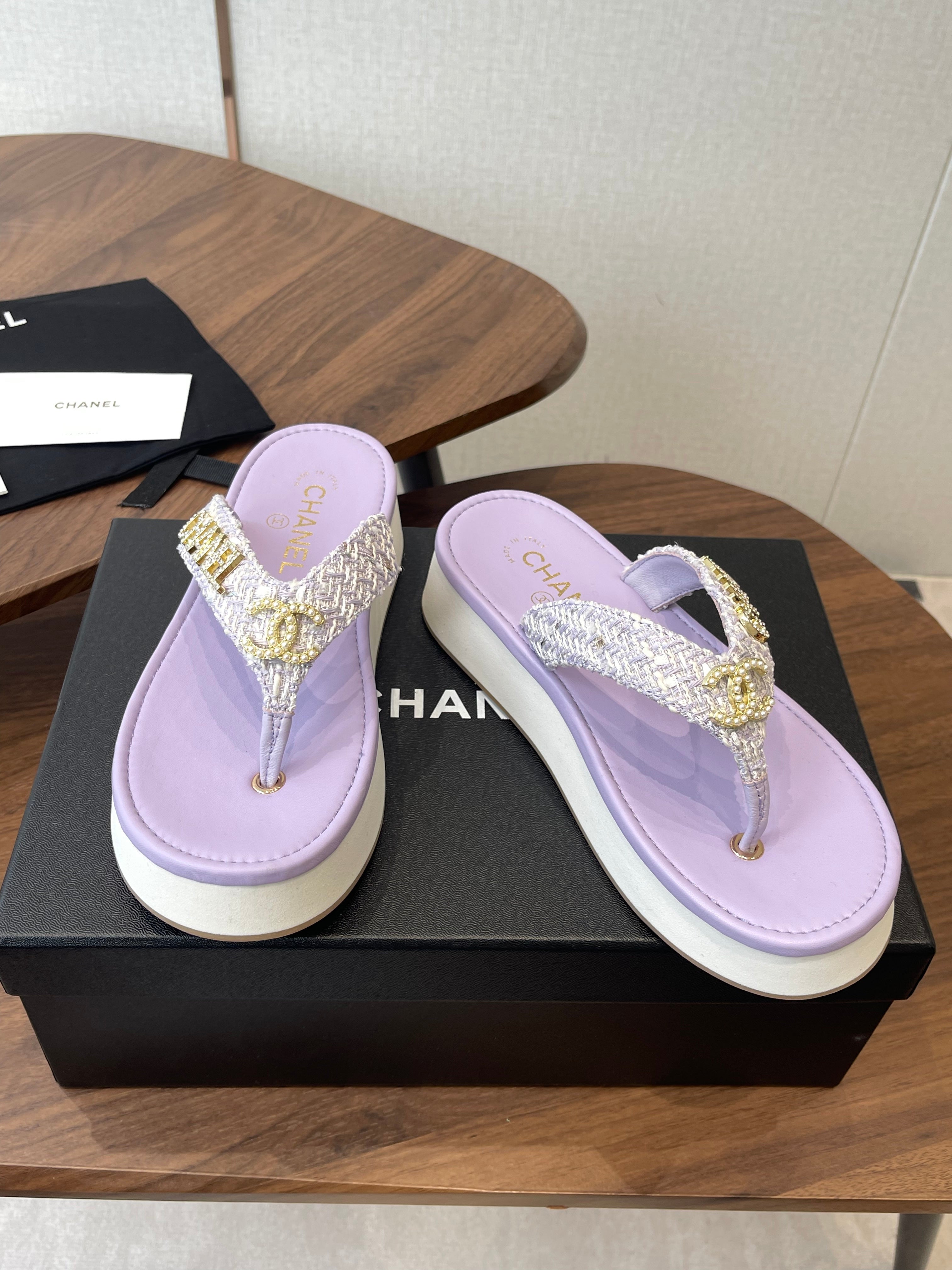 Chanel 2026 Thong Sandal Platform Tweed Gold Logo Details 790372