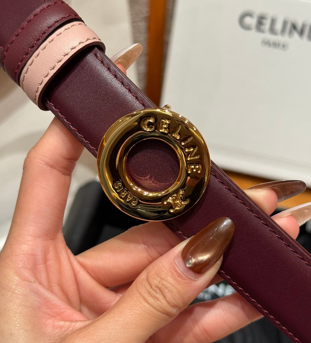 Celine 2026 Disc Buckle & Reversible Strap Belt 2.5cm Burgundy Leather