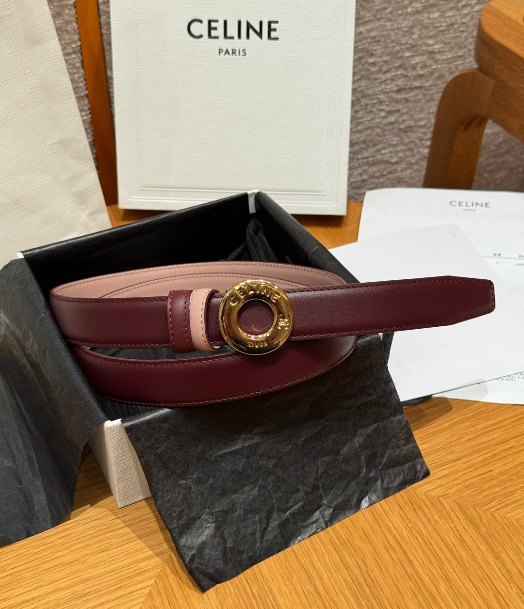 Celine 2026 Disc Buckle & Reversible Strap Belt 2.5cm Burgundy Leather