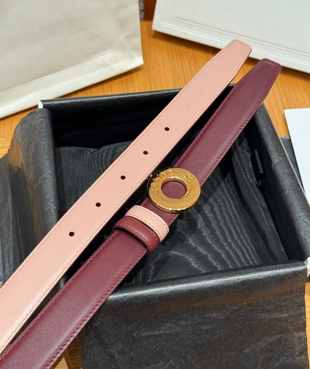 Celine 2026 Disc Buckle & Reversible Strap Belt 2.5cm Burgundy Leather