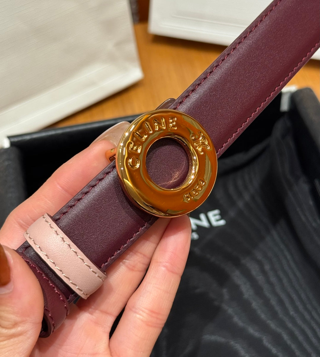 Celine 2026 Disc Buckle & Reversible Strap Belt 2.5cm Burgundy Leather