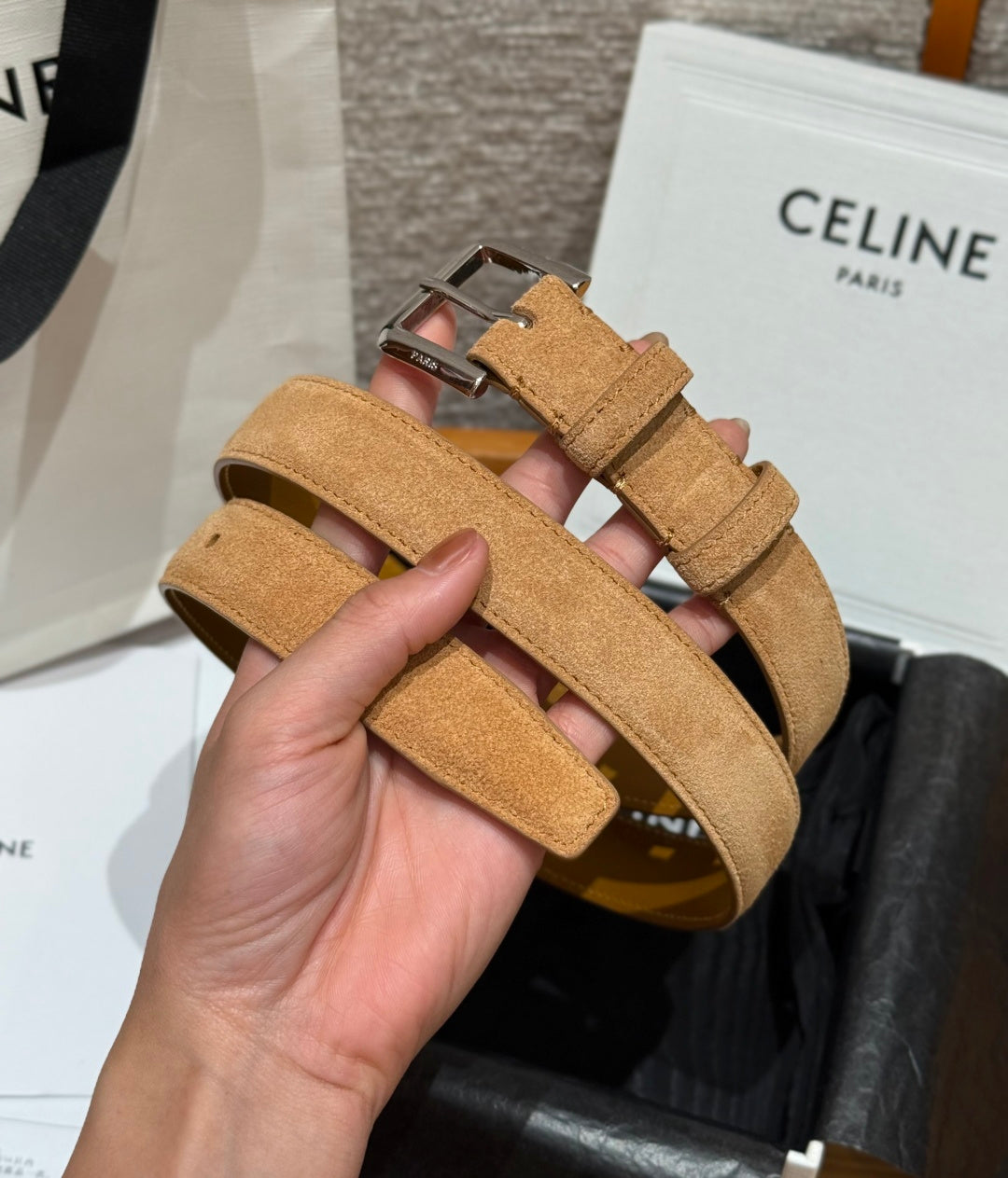 Celine 2026 Arc de Triomphe Belt 2.5cm Suede Cowhide