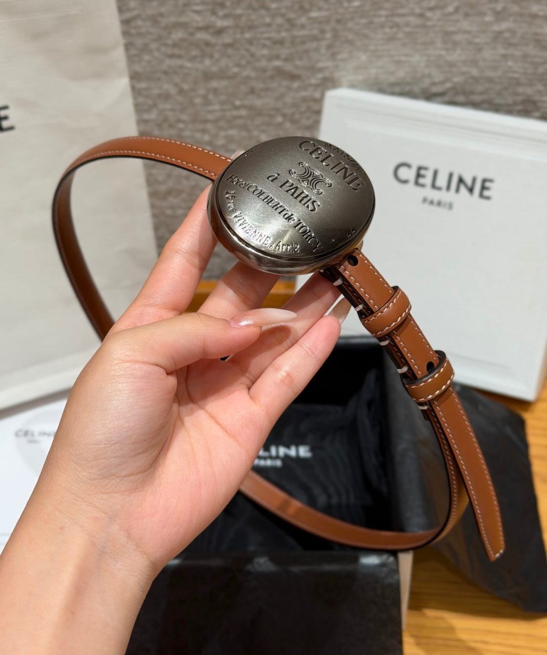 Celine 2026 Maison Belt 1.3cm Silver Buckle Taurillon Leather