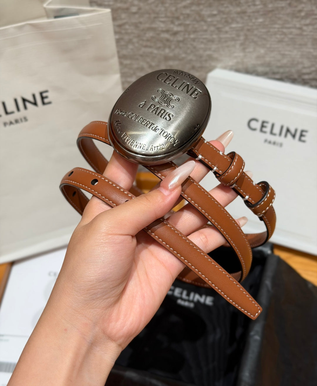 Celine 2026 Maison Belt 1.3cm Silver Buckle Taurillon Leather