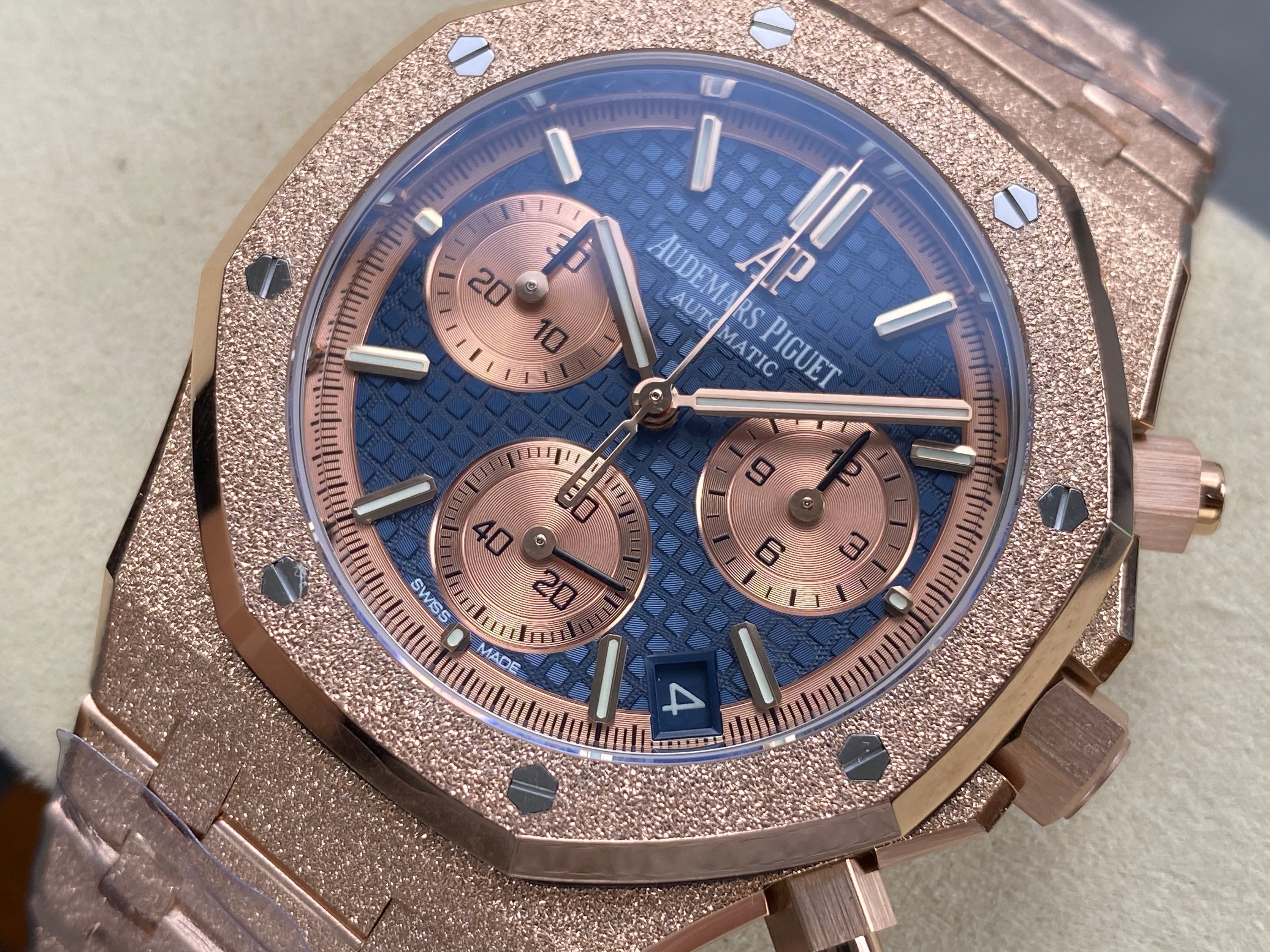 Audemars Piguet Royal Oak Chronograph 41mm Frosted Rose Gold Case Blue Dial