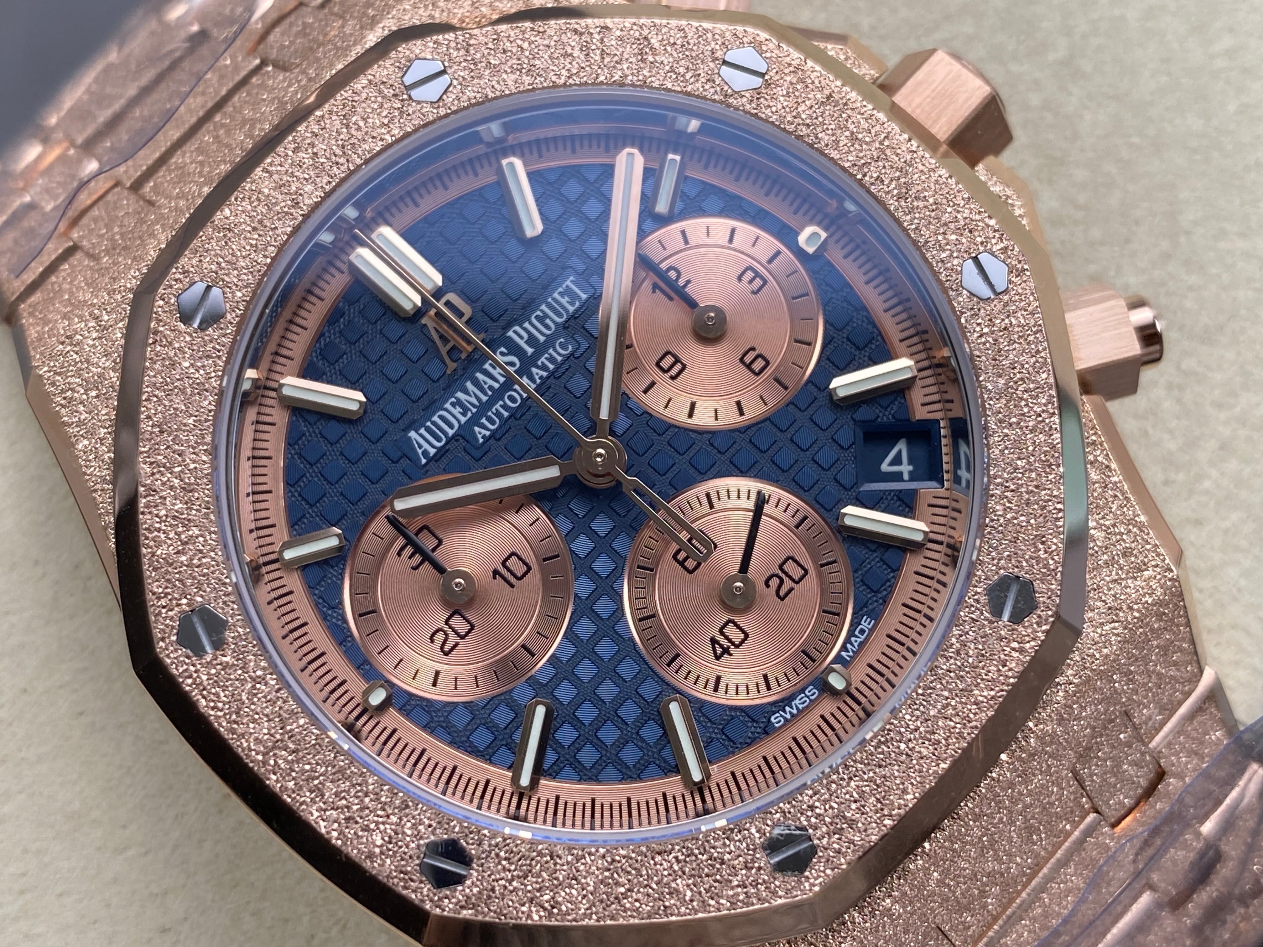 Audemars Piguet Royal Oak Chronograph 41mm Frosted Rose Gold Case Blue Dial