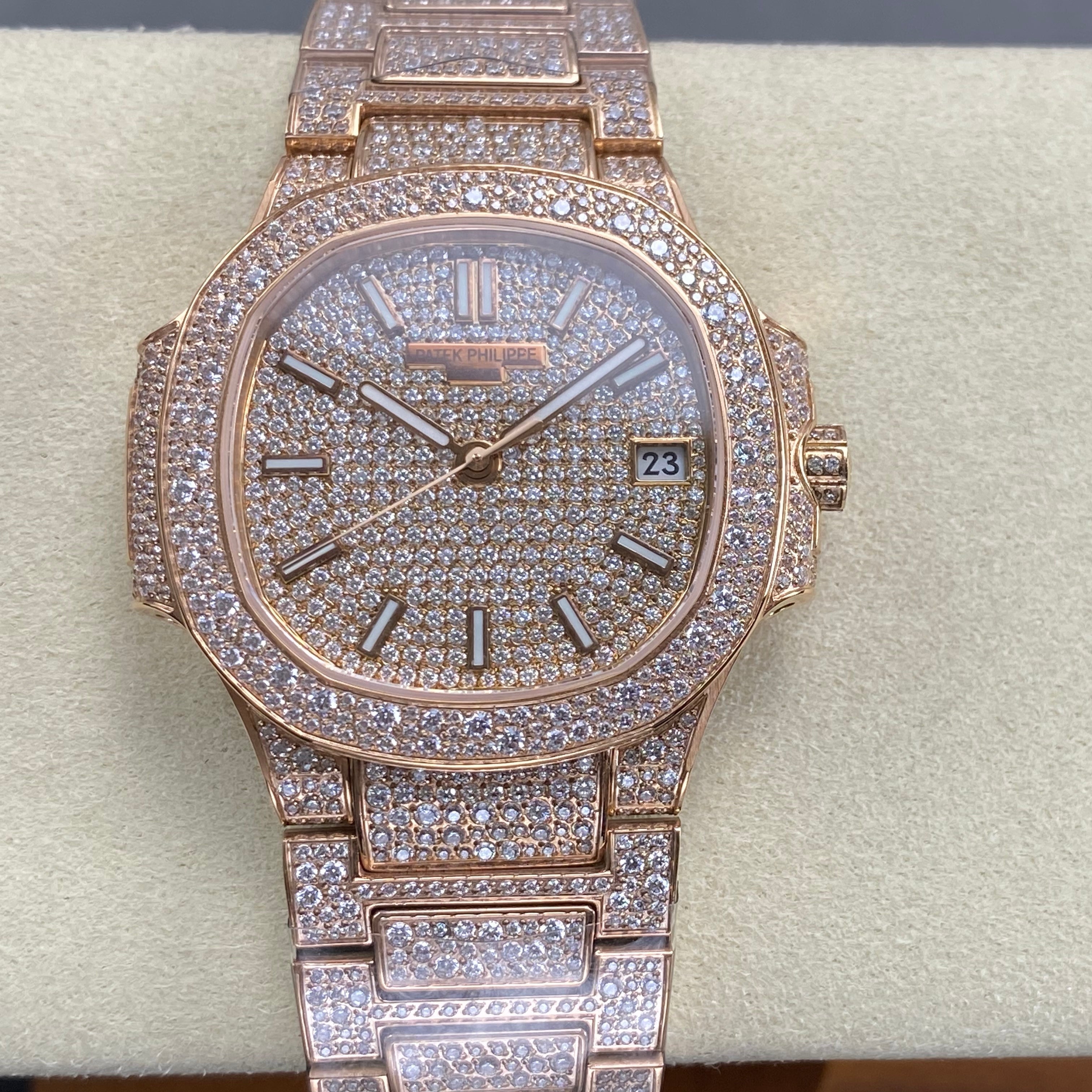 Patek Philippe Nautilus 35mm Diamond Dial Pink Gold Full Diamond