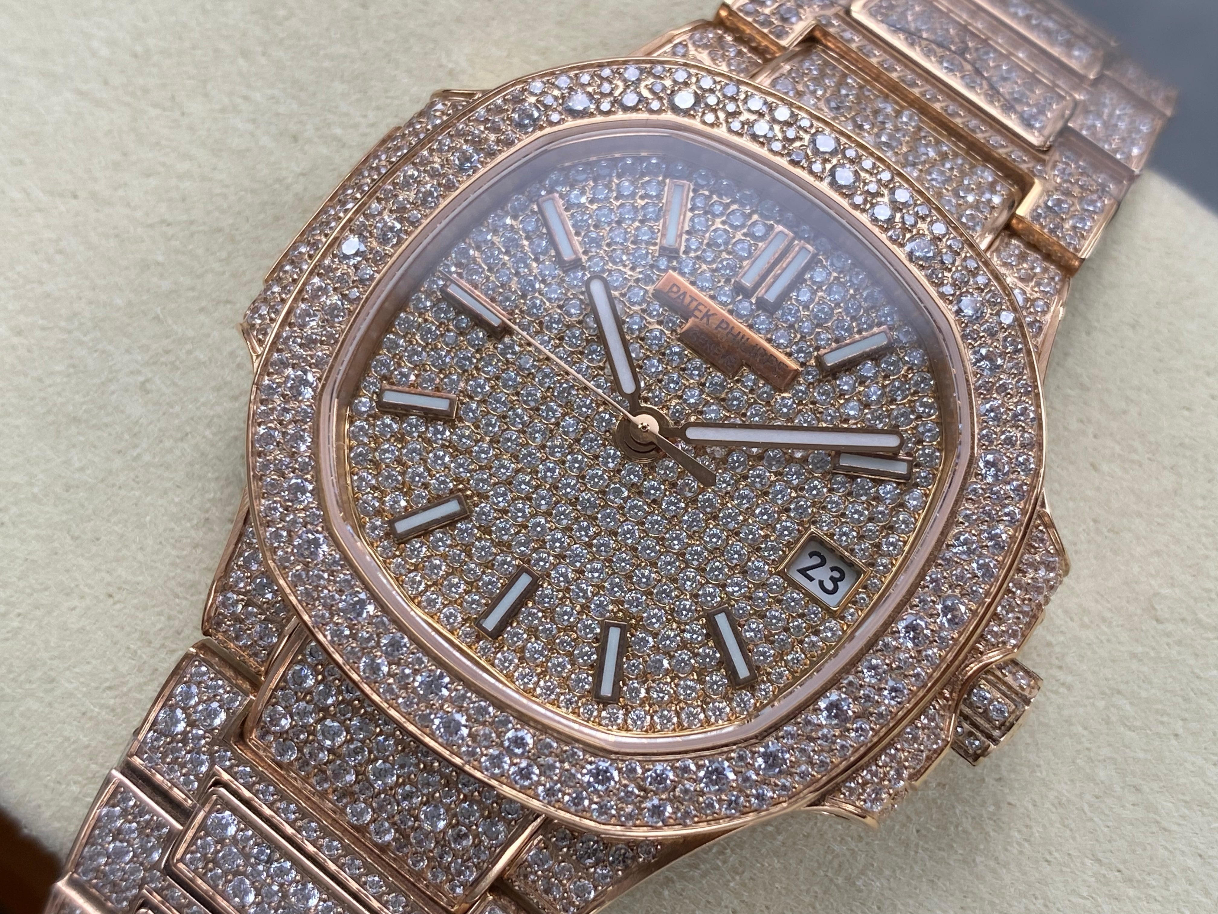Patek Philippe Nautilus 35mm Diamond Dial Pink Gold Full Diamond