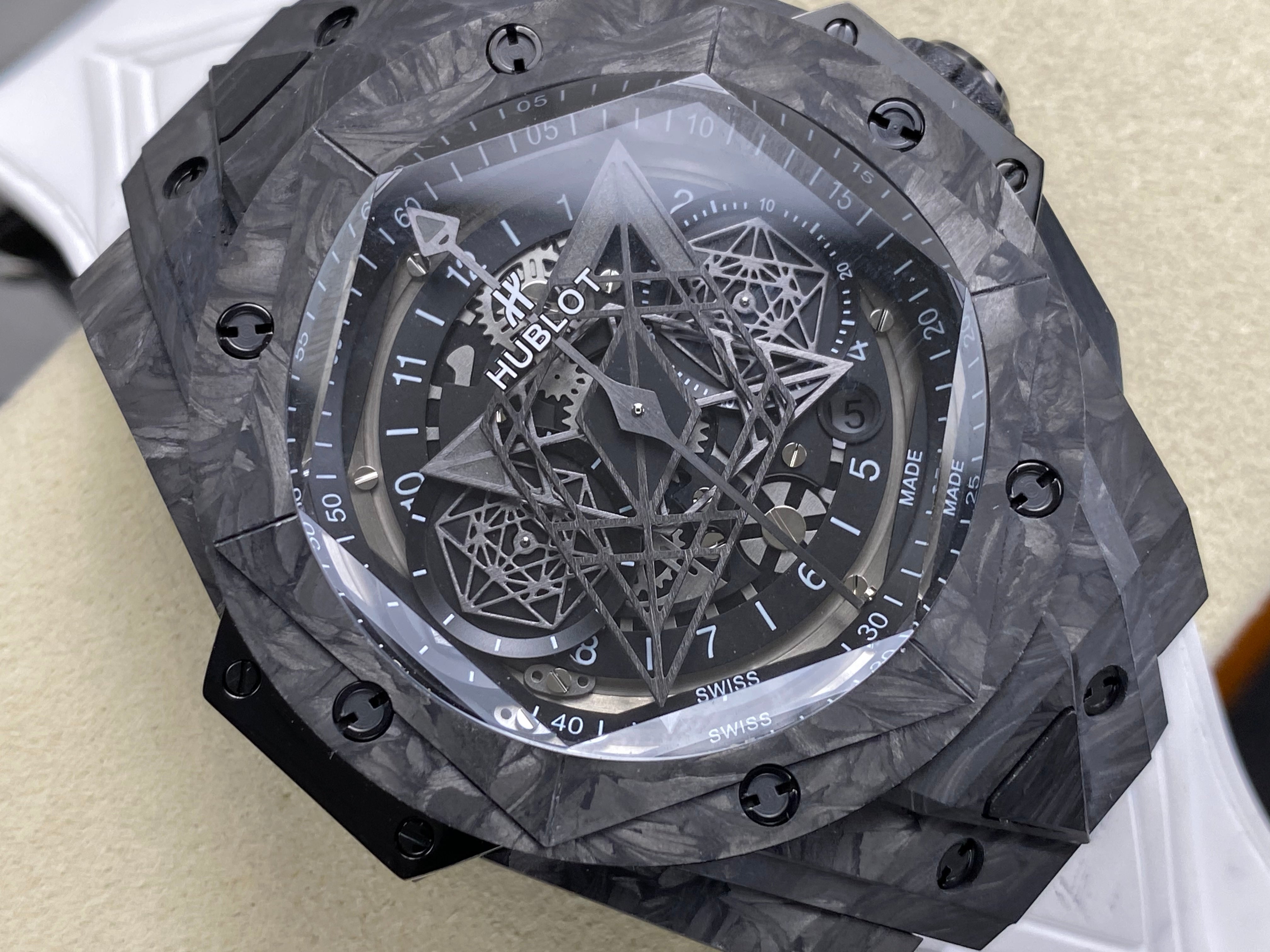 Hublot Big Bang Sang Bleu II Black Magic 45mm Watch White Rubber Strap