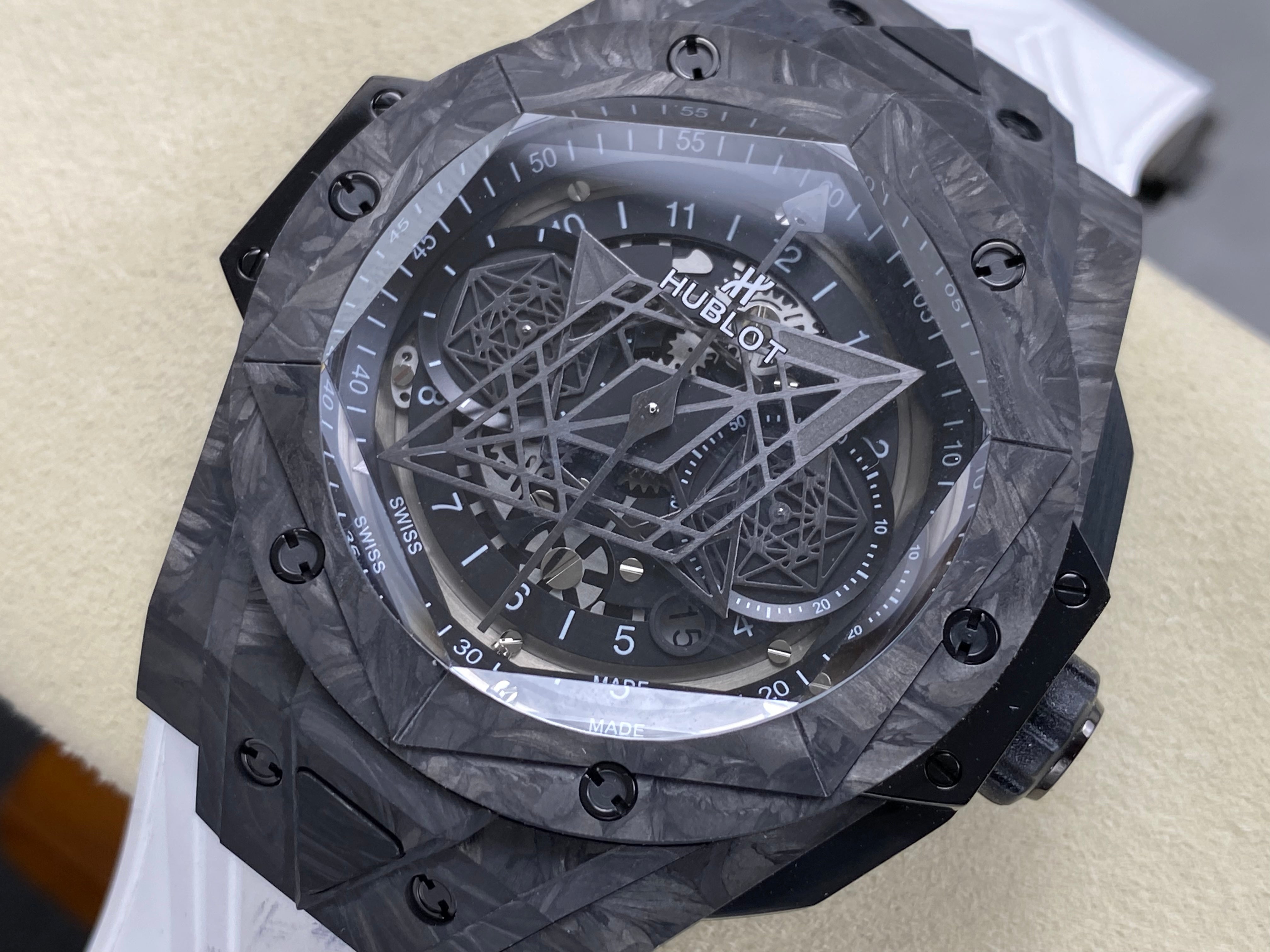 Hublot Big Bang Sang Bleu II Black Magic 45mm Watch White Rubber Strap