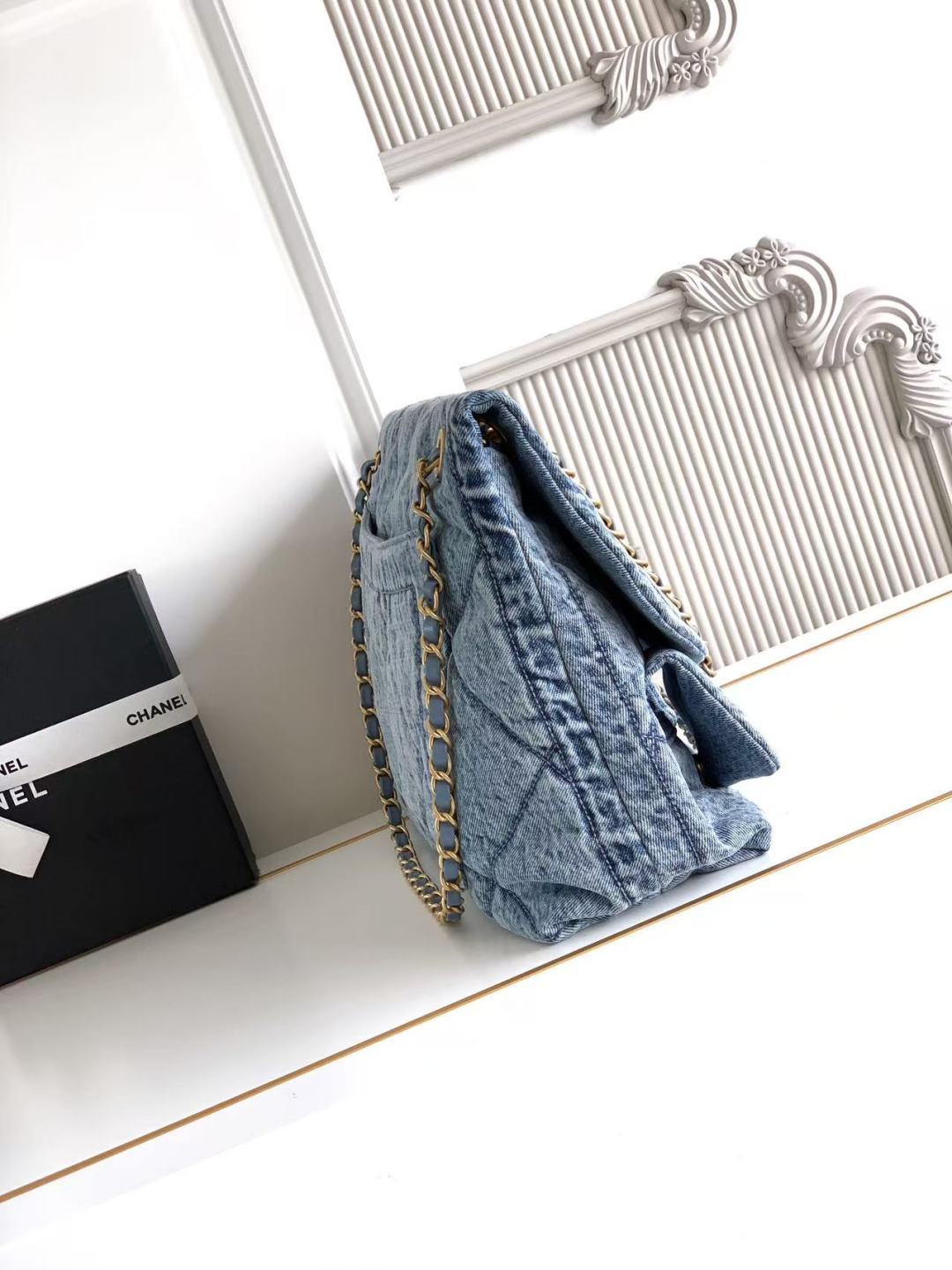 Chanel 2026 Classic Flap Bag 45cm Blue Denim Fabric Gold Hardware
