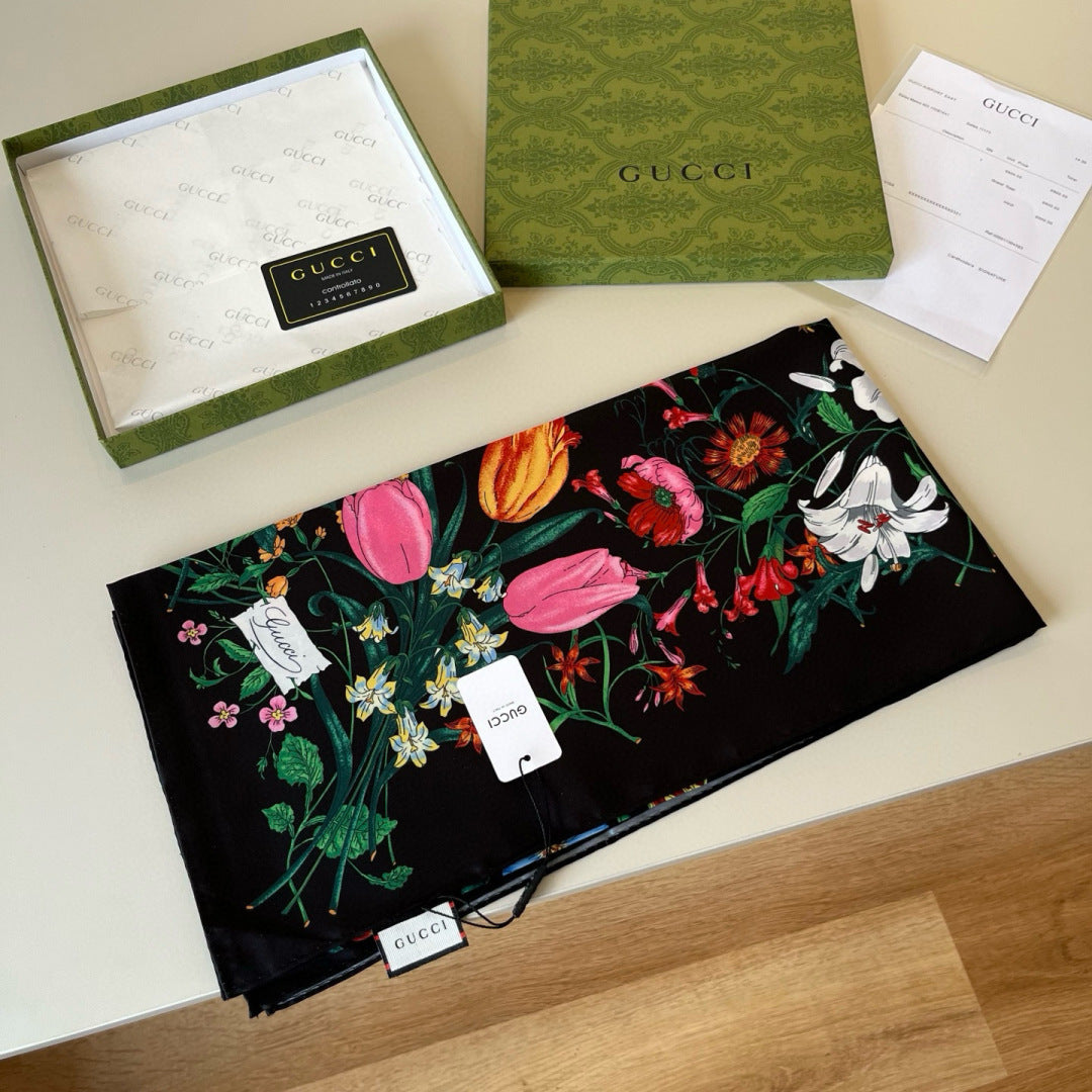 GG Scarf 90CM  Multi-Colored Floral Mulberry Silk 286775