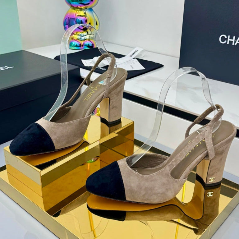 Chanel Slingback 90mm Neutral Beige Black Suede 469673