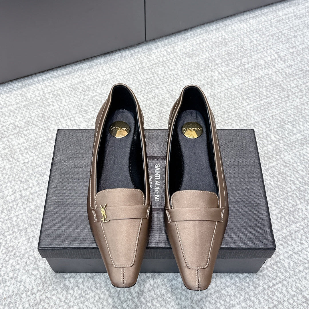 YSL 26ss Square Toe Loafers Taupe Satin Leather