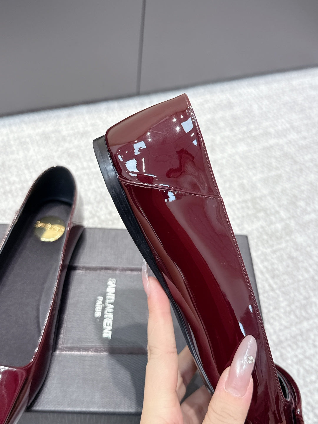 YSL 26ss Square Toe Loafers Burgundy Patent Leather 662736