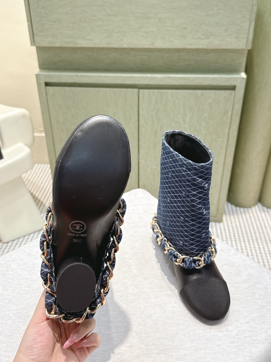 CC 25 Short Boot Navy Blue Black Denim Fabric Calfskin 515266