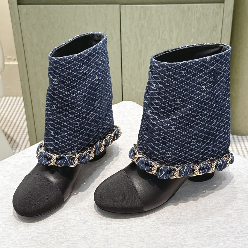 CC 25 Short Boot Navy Blue Black Denim Fabric Calfskin 515266