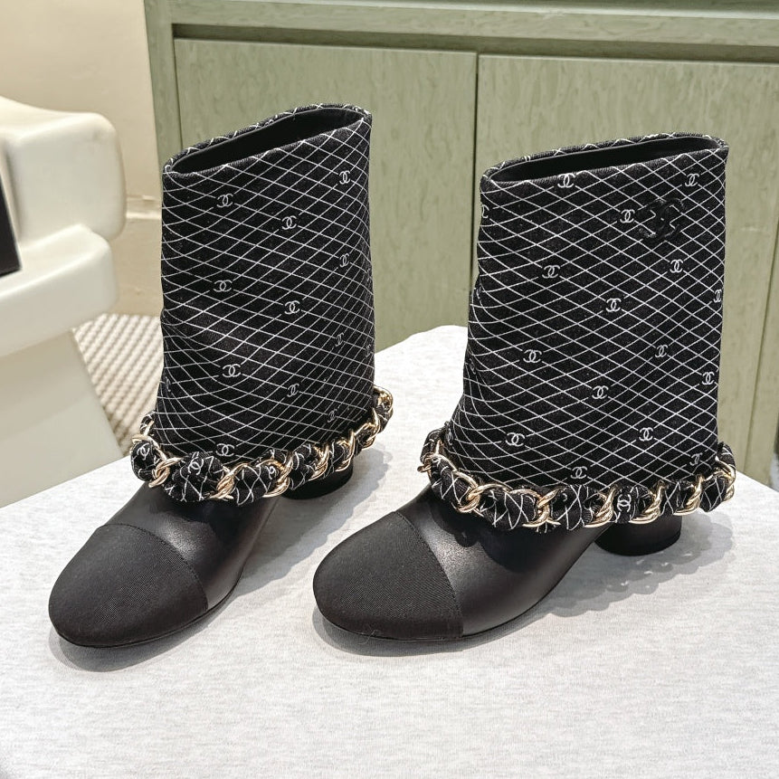 CC 25 Short Boot Black Denim Fabric Calfskin 515267