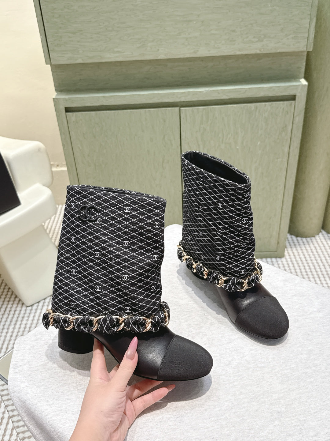 CC 25 Short Boot Black Denim Fabric Calfskin 515267